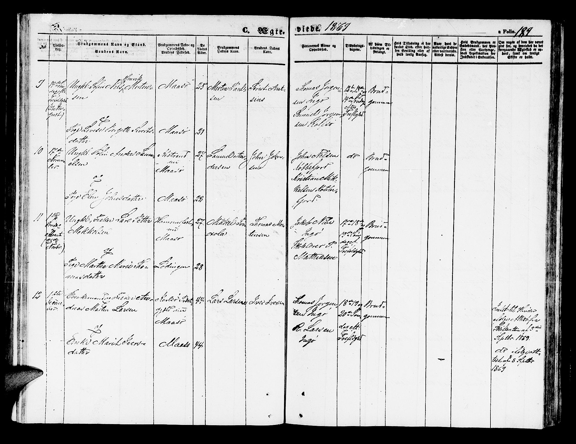 Måsøy sokneprestkontor, AV/SATØ-S-1348/H/Hb/L0001klokker: Parish register (copy) no. 1, 1852-1877, p. 189