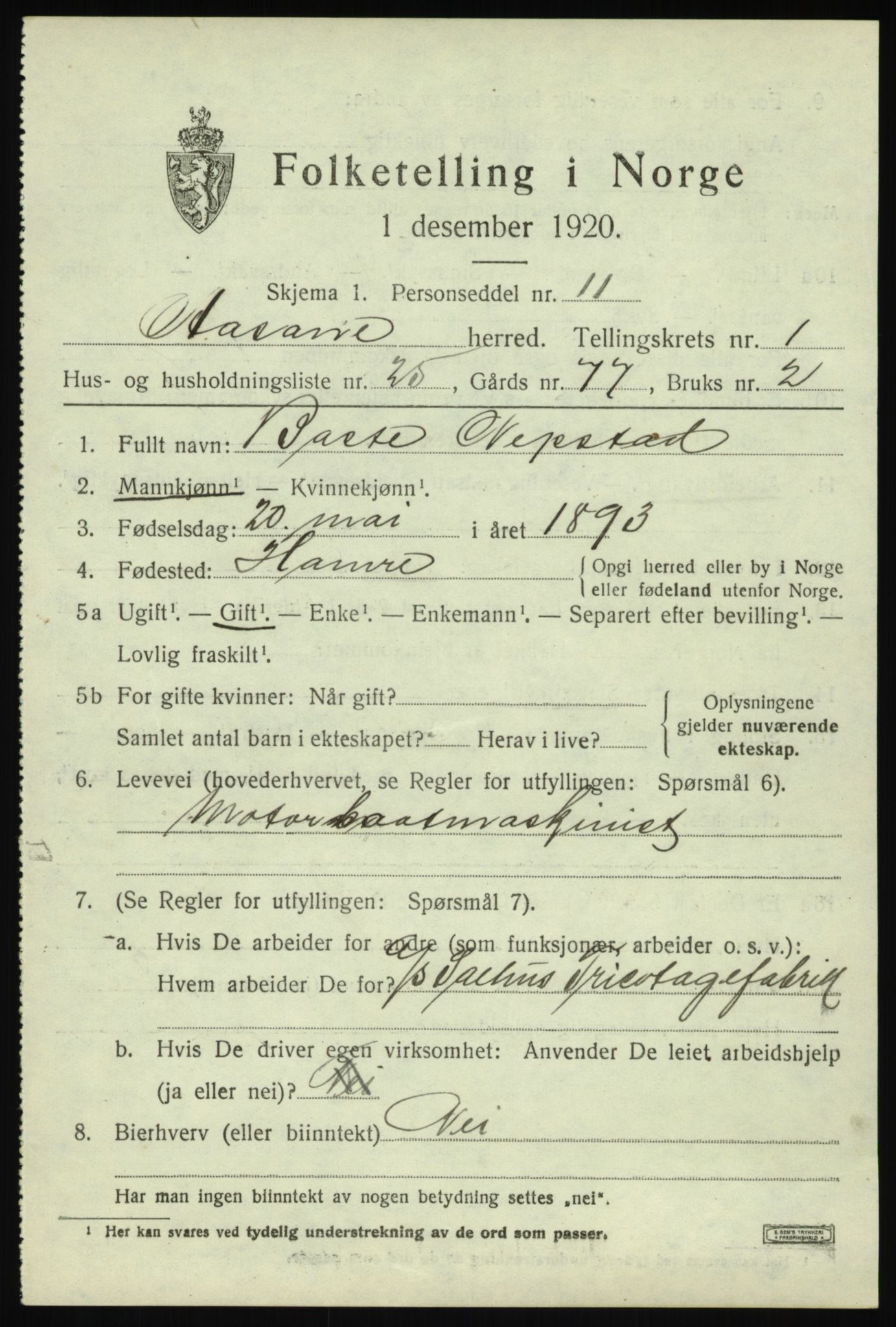 SAB, 1920 census for Åsane, 1920, p. 1195