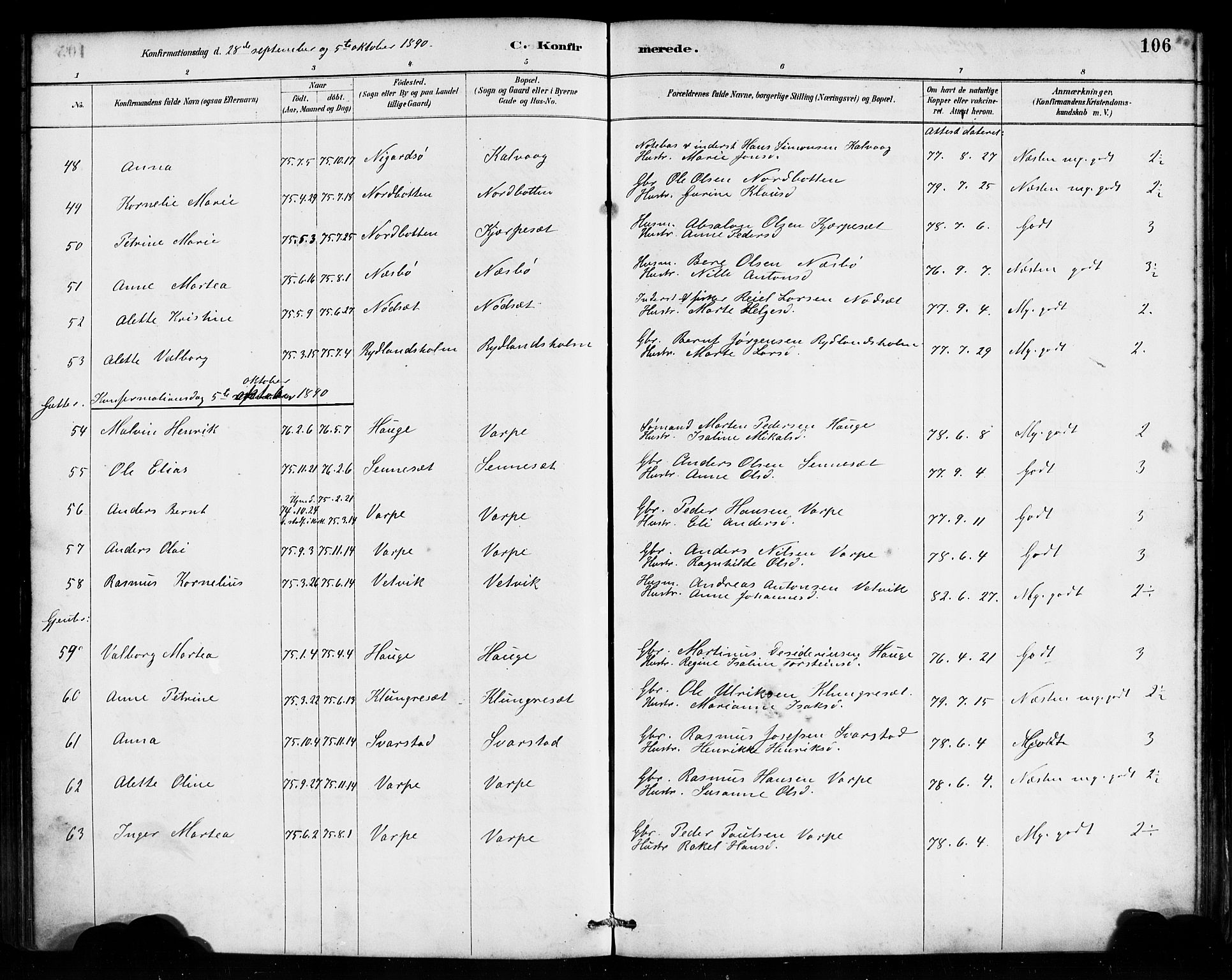 Bremanger sokneprestembete, AV/SAB-A-82201/H/Haa/Haab/L0001: Parish register (official) no. B 1, 1884-1895, p. 106