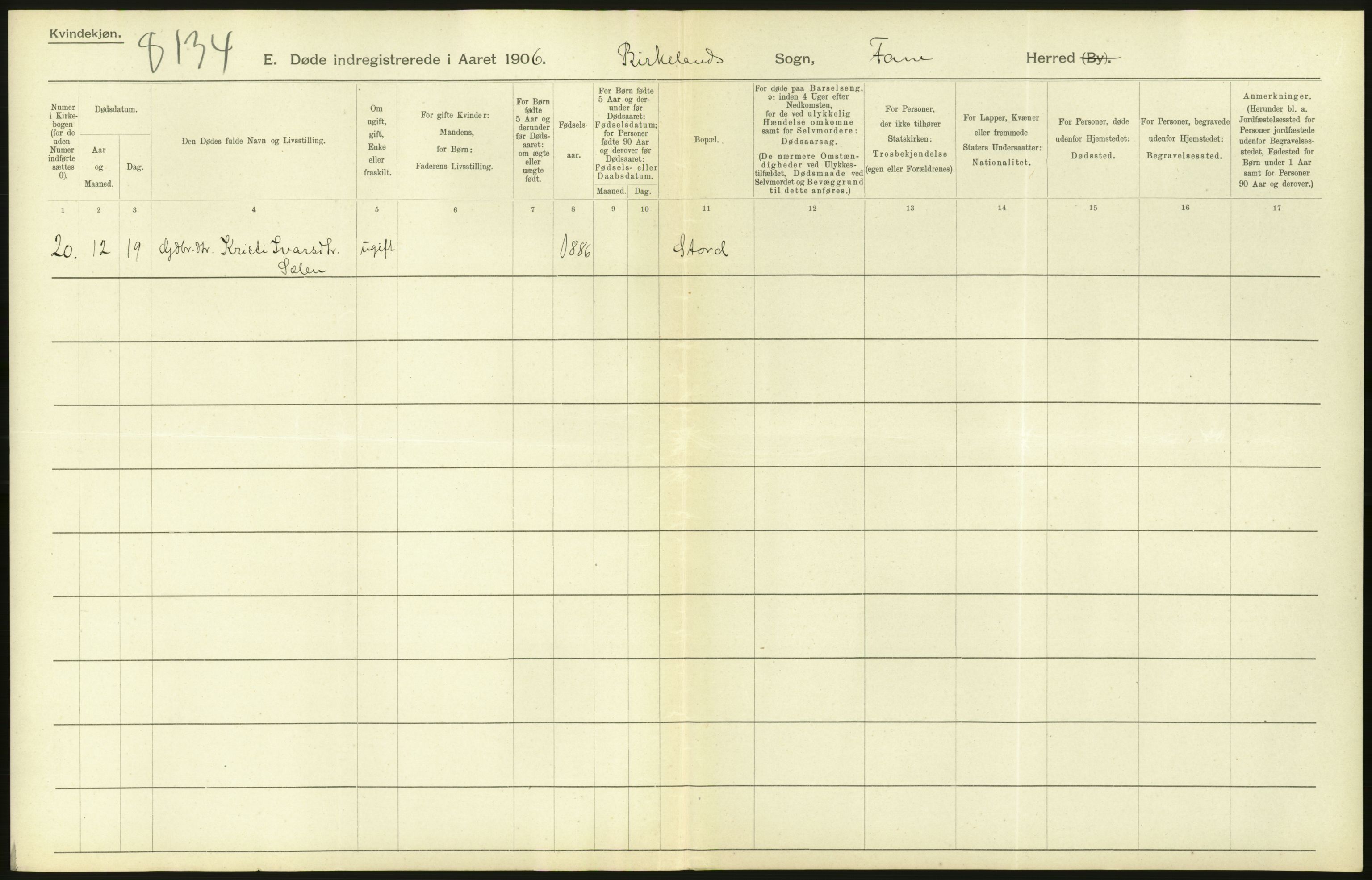 Statistisk sentralbyrå, Sosiodemografiske emner, Befolkning, AV/RA-S-2228/D/Df/Dfa/Dfad/L0030: S. Bergenhus amt: Døde. Bygder., 1906, p. 46