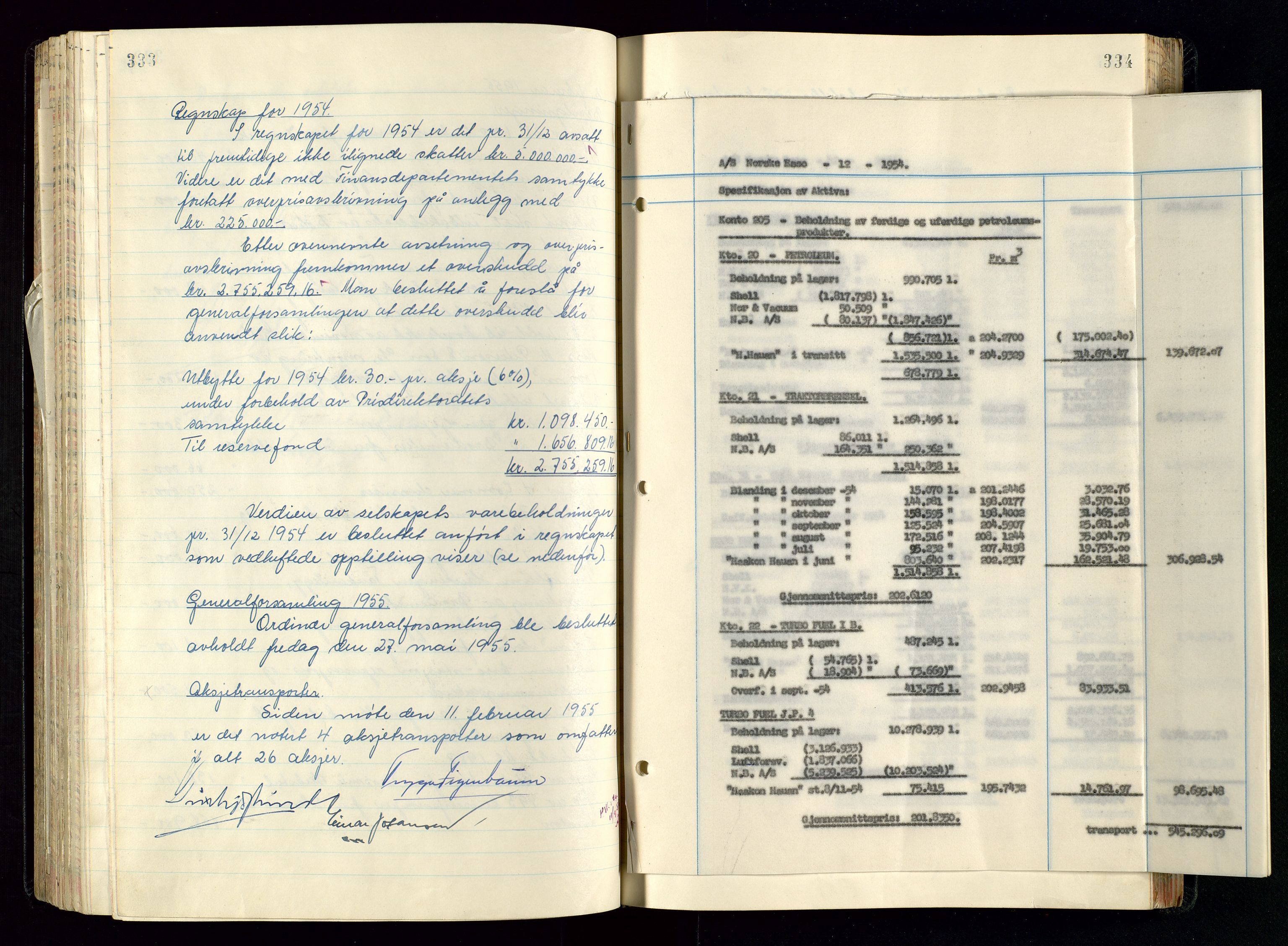 PA 1534 - Østlandske Petroleumscompagni A/S, AV/SAST-A-101954/A/Aa/L0005/0001: Direksjonsprotokoller / Den Administrerende Direksjon alle selskaper (referatprotokoll), 1943-1958, p. 333-334