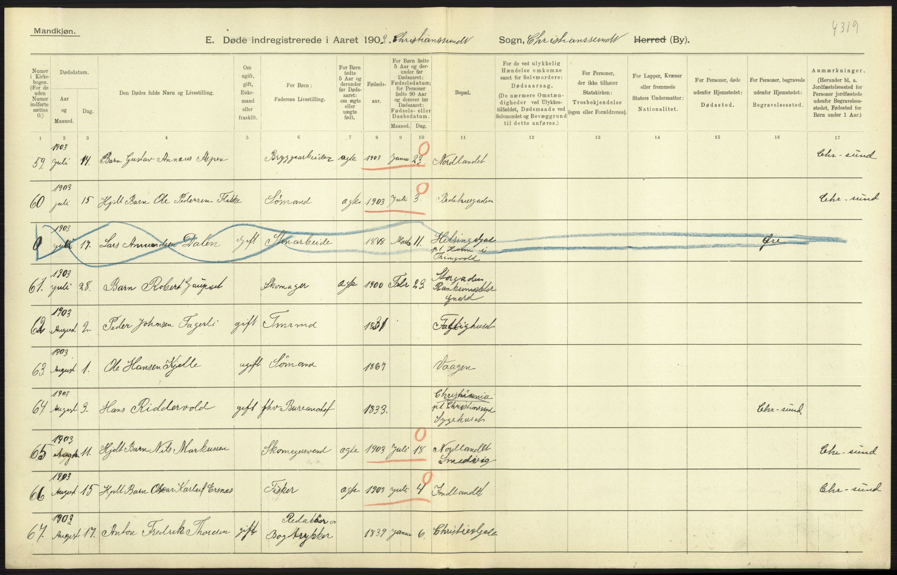 Statistisk sentralbyrå, Sosiodemografiske emner, Befolkning, AV/RA-S-2228/D/Df/Dfa/Dfaa/L0016: Romsdal amt: Fødte, gifte, døde., 1903, p. 1015