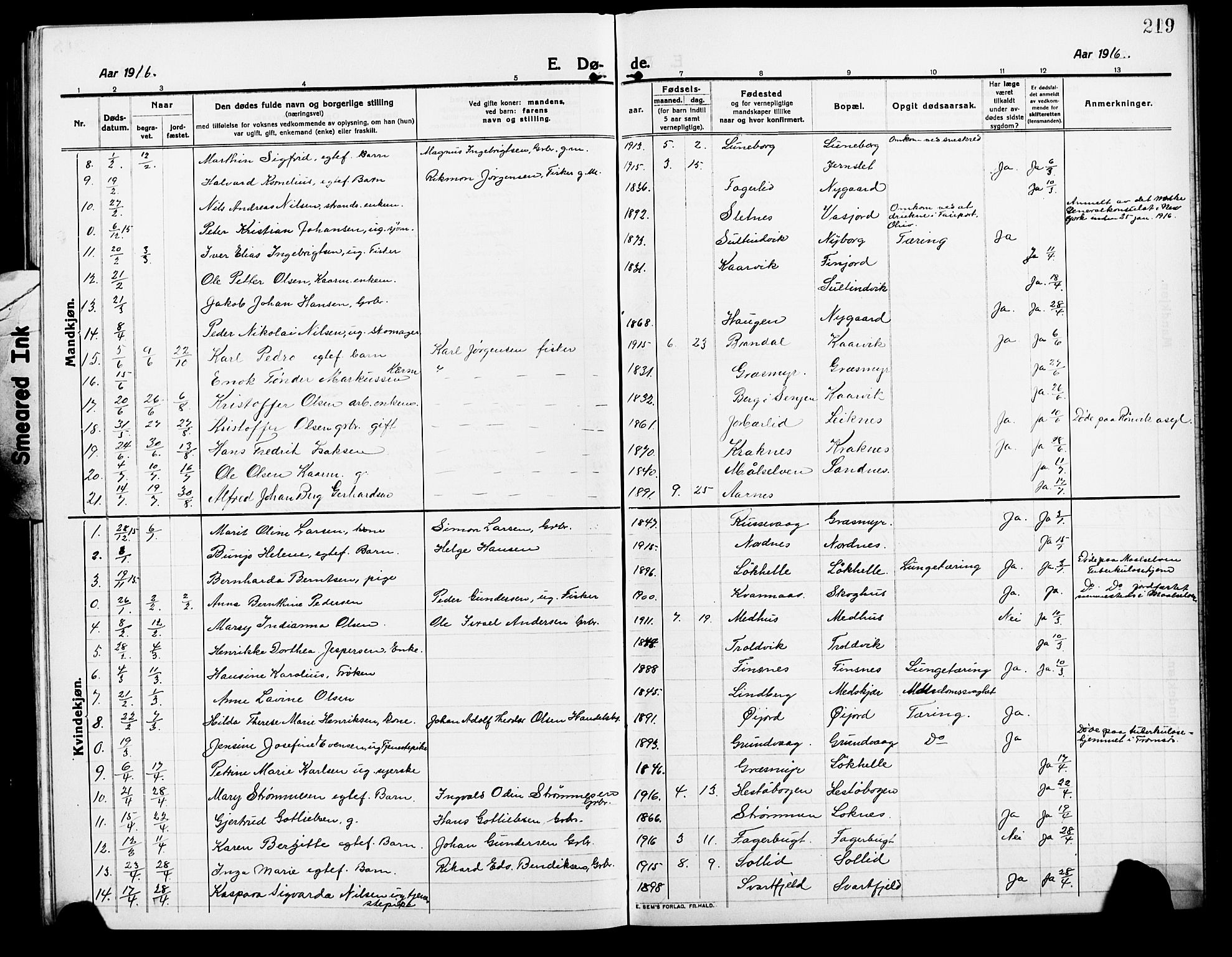 Lenvik sokneprestembete, AV/SATØ-S-1310/H/Ha/Hab/L0009klokker: Parish register (copy) no. 9, 1912-1926, p. 219