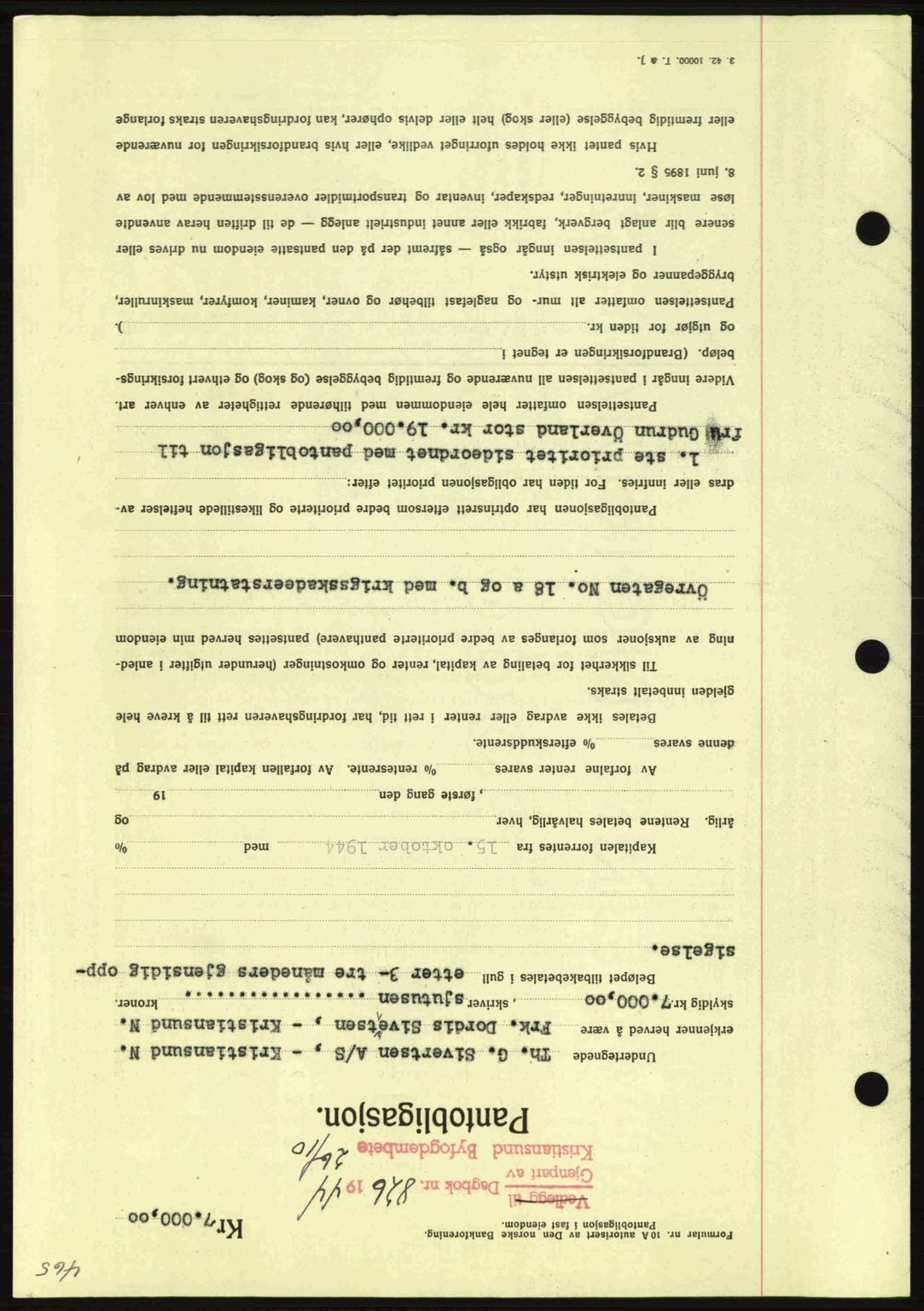 Kristiansund byfogd, AV/SAT-A-4587/A/27: Mortgage book no. 37-38, 1943-1945, Diary no: : 825/1944