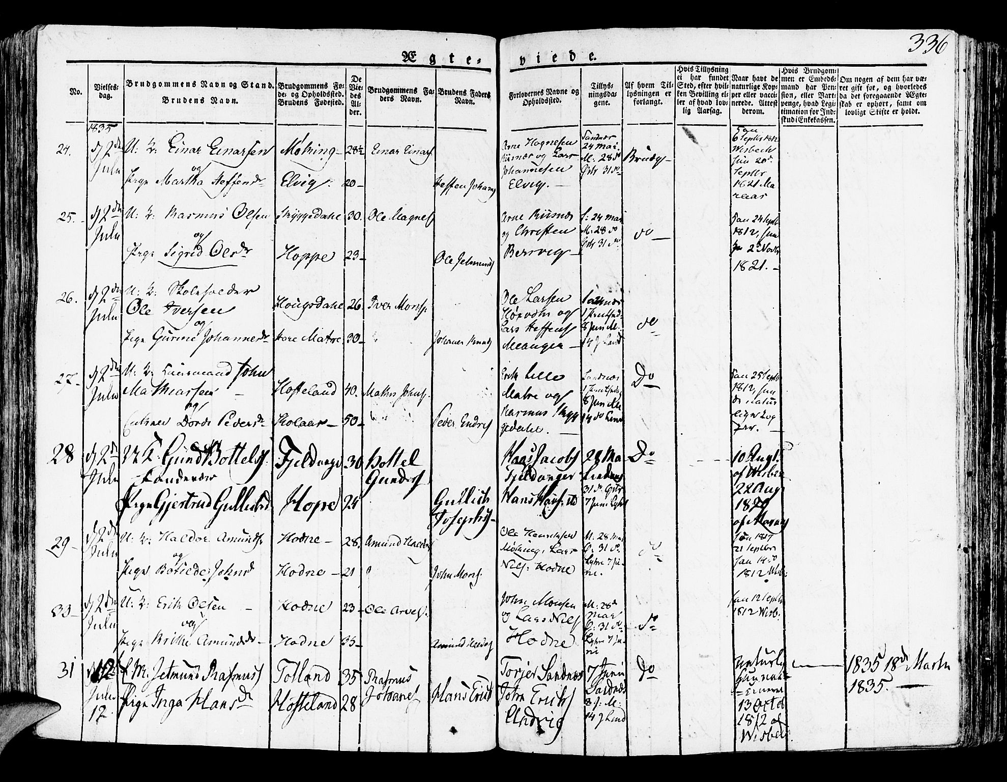 Lindås Sokneprestembete, SAB/A-76701/H/Haa: Parish register (official) no. A 8, 1823-1836, p. 336