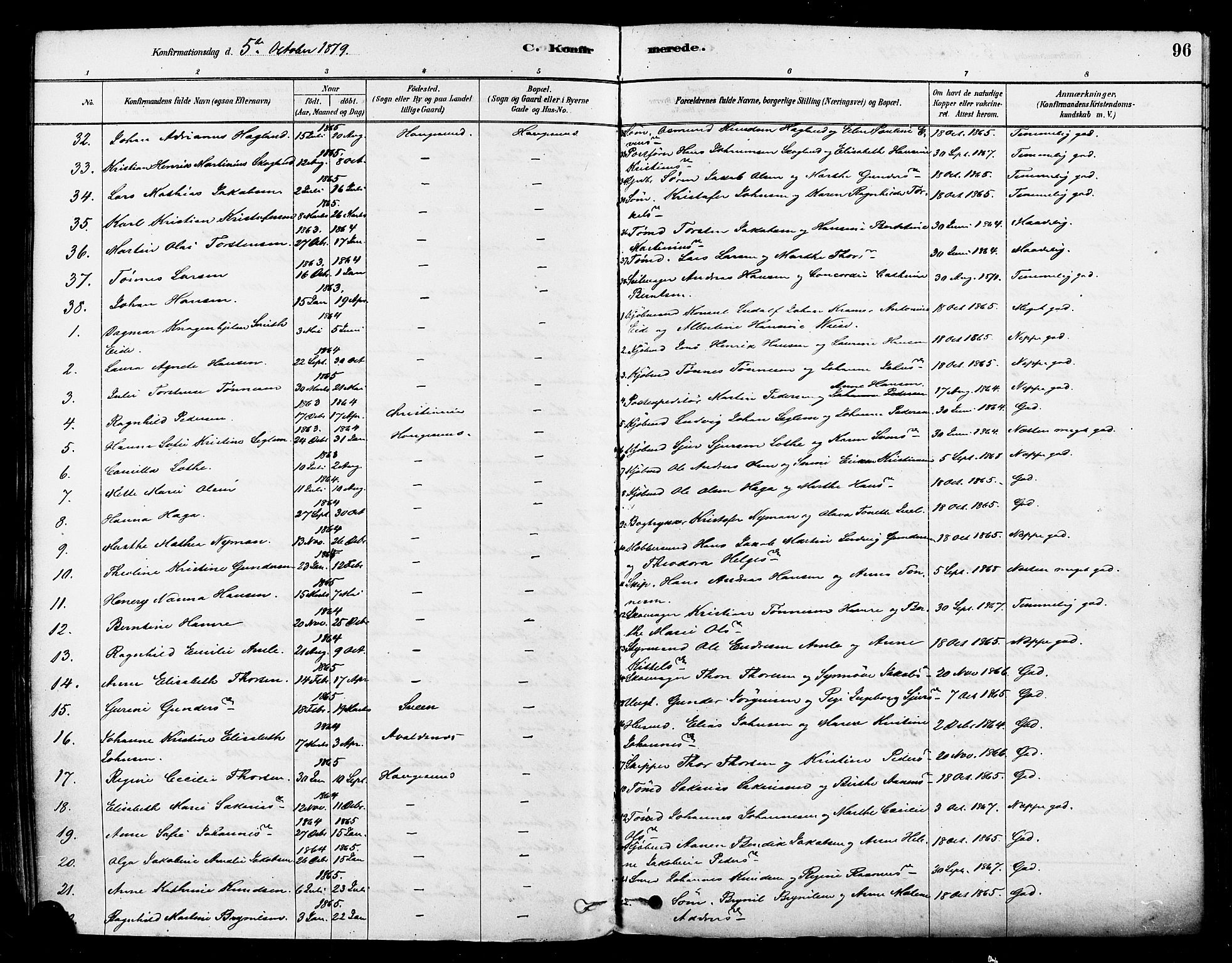 Haugesund sokneprestkontor, AV/SAST-A -101863/H/Ha/Haa/L0001: Parish register (official) no. A 1, 1878-1885, p. 96