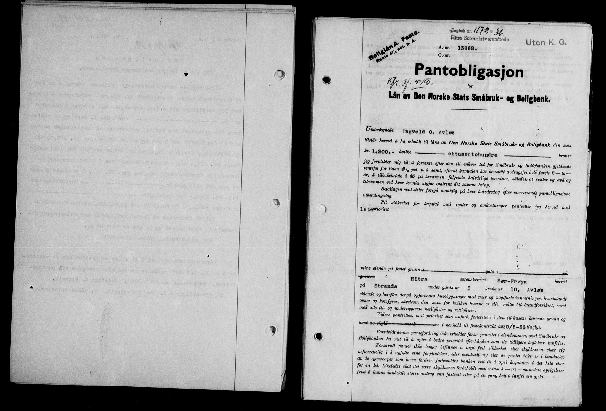 Hitra sorenskriveri, AV/SAT-A-0018/2/2C/2Ca/L0028: Mortgage book no. B-1, 1936-1939, Diary no: : 1172/1936