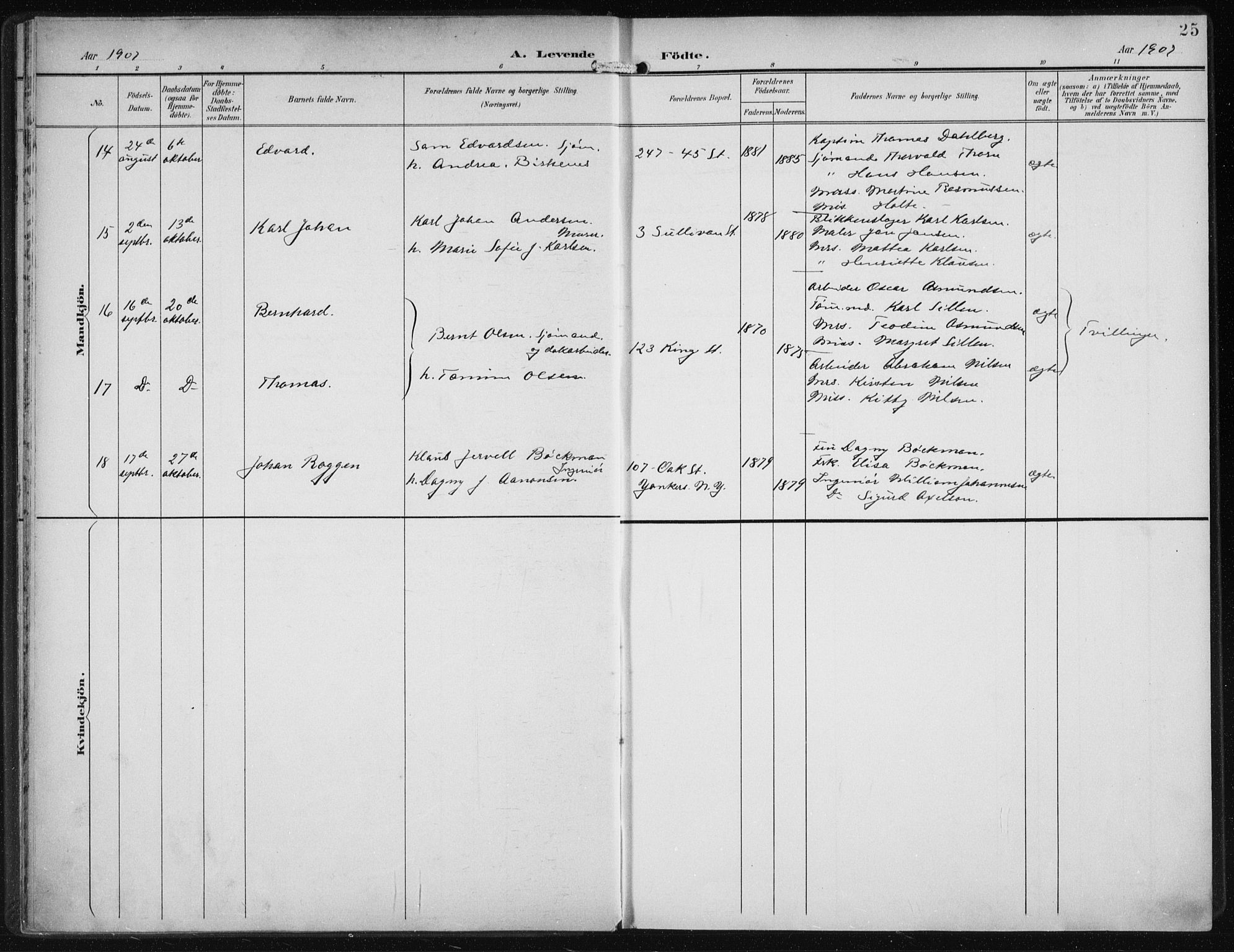 Den norske sjømannsmisjon i utlandet/New York, SAB/SAB/PA-0110/H/Ha/L0005: Parish register (official) no. A 5, 1902-1908, p. 25