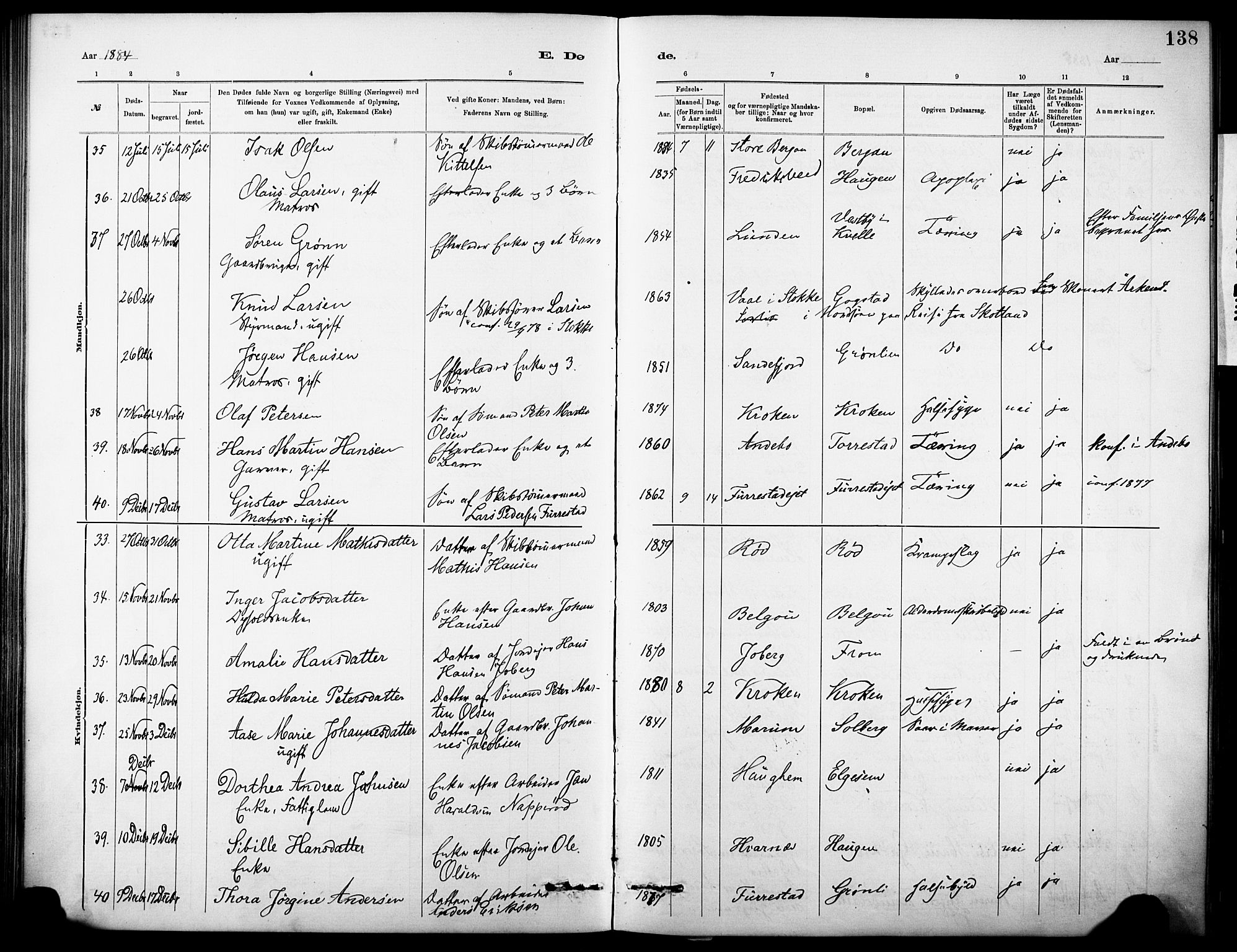 Sandar kirkebøker, SAKO/A-243/F/Fa/L0013: Parish register (official) no. 13, 1883-1895, p. 138