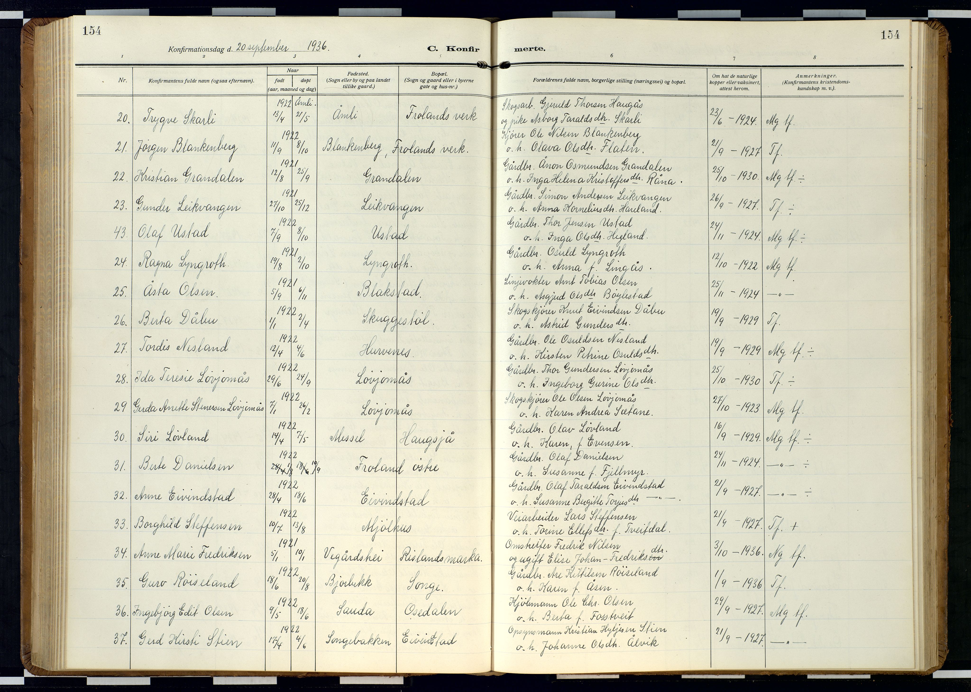 Froland sokneprestkontor, SAK/1111-0013/F/Fb/L0011: Parish register (copy) no. B 11, 1921-1947, p. 154