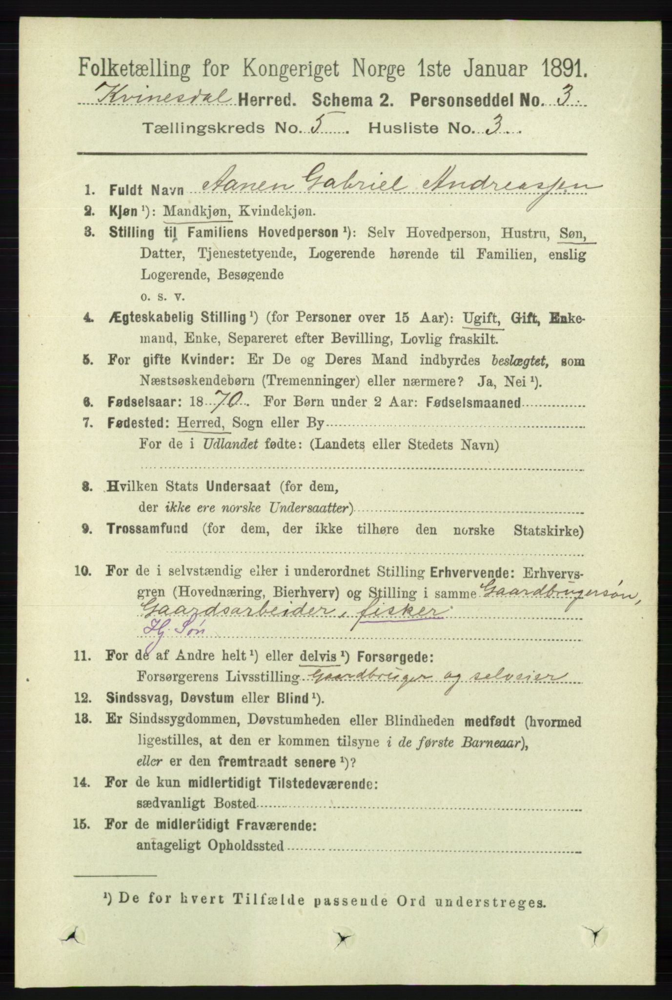 RA, 1891 census for 1037 Kvinesdal, 1891, p. 1714