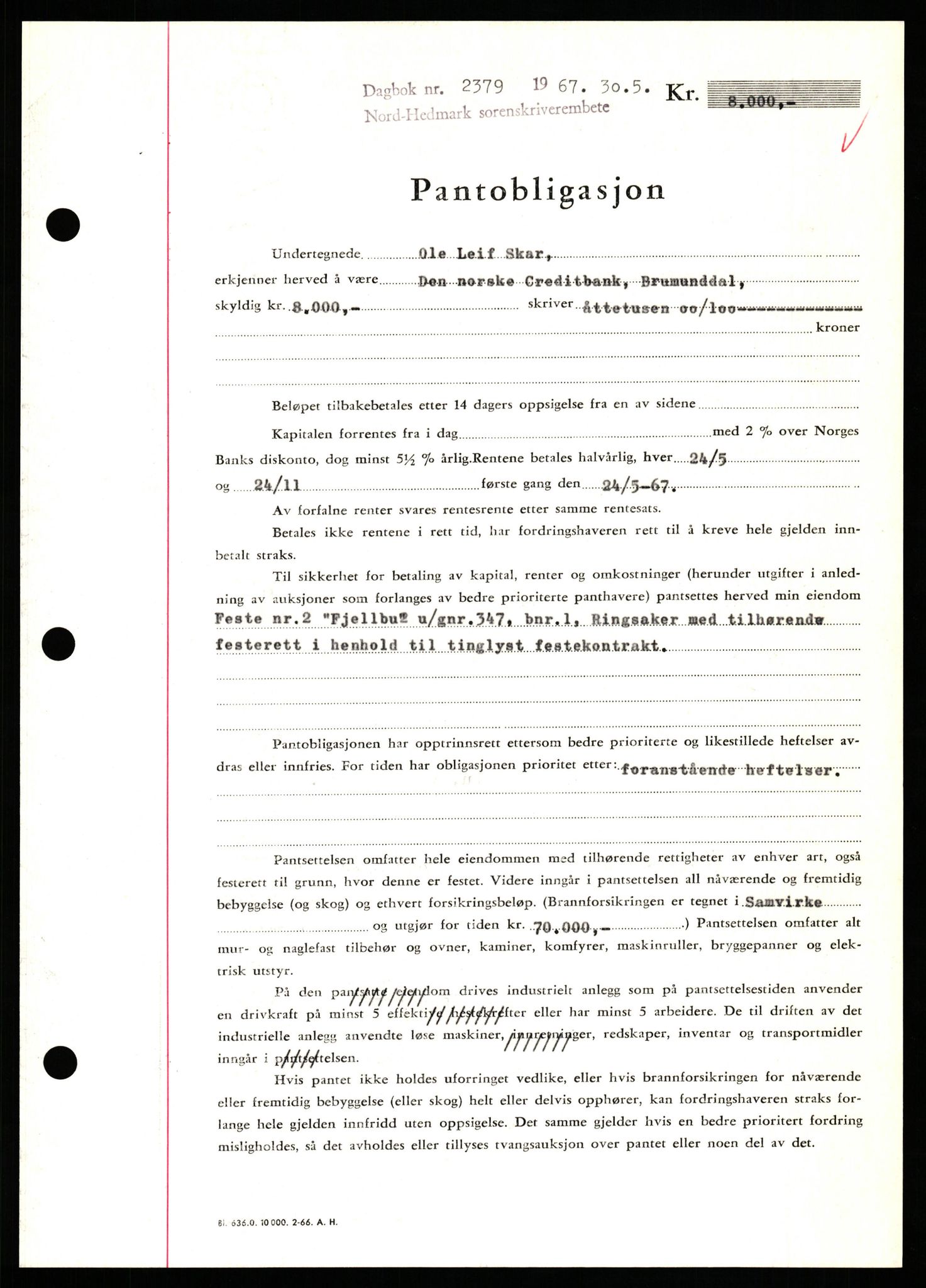 Nord-Hedmark sorenskriveri, SAH/TING-012/H/Hb/Hbf/L0071: Mortgage book no. B71, 1967-1967, Diary no: : 2379/1967