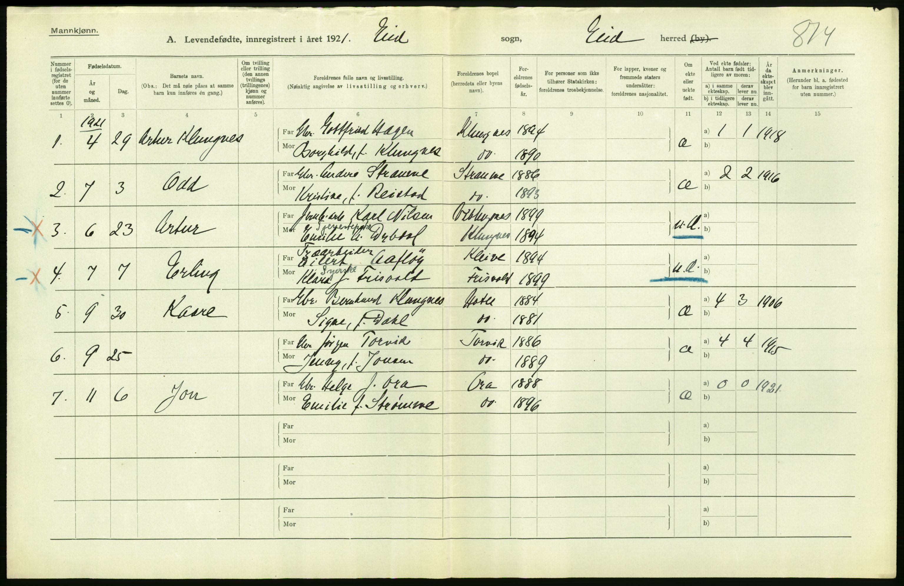 Statistisk sentralbyrå, Sosiodemografiske emner, Befolkning, RA/S-2228/D/Df/Dfc/Dfca/L0040: Møre fylke: Levendefødte menn og kvinner. Bygder., 1921, p. 344