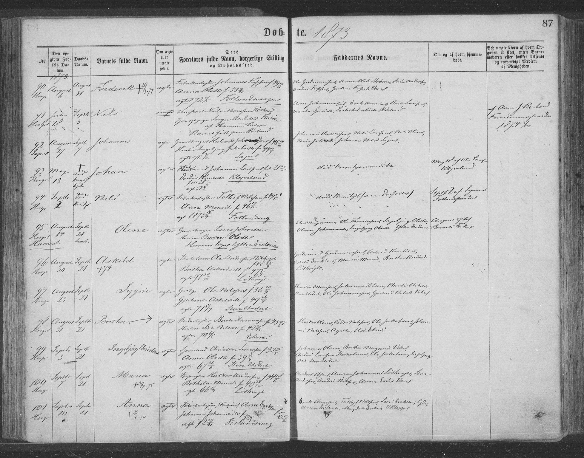 Hosanger sokneprestembete, SAB/A-75801/H/Haa: Parish register (official) no. A 9, 1864-1876, p. 87