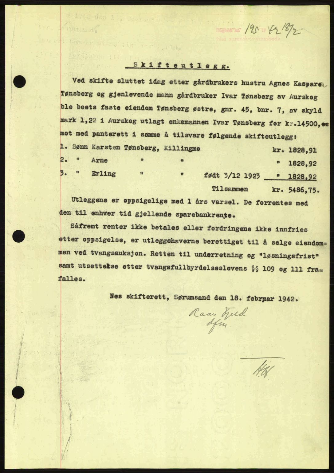 Nes tingrett, SAO/A-10548/G/Gb/Gbb/L0013: Mortgage book no. 57, 1942-1942, Diary no: : 195/1942