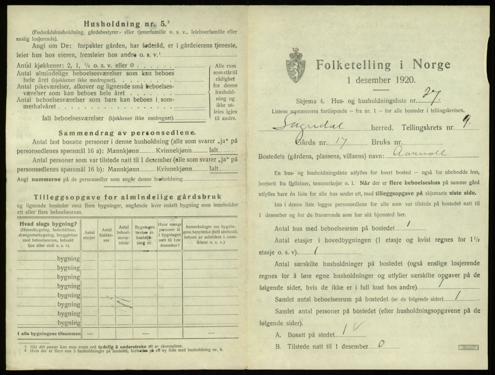 SAB, 1920 census for Sogndal, 1920, p. 599