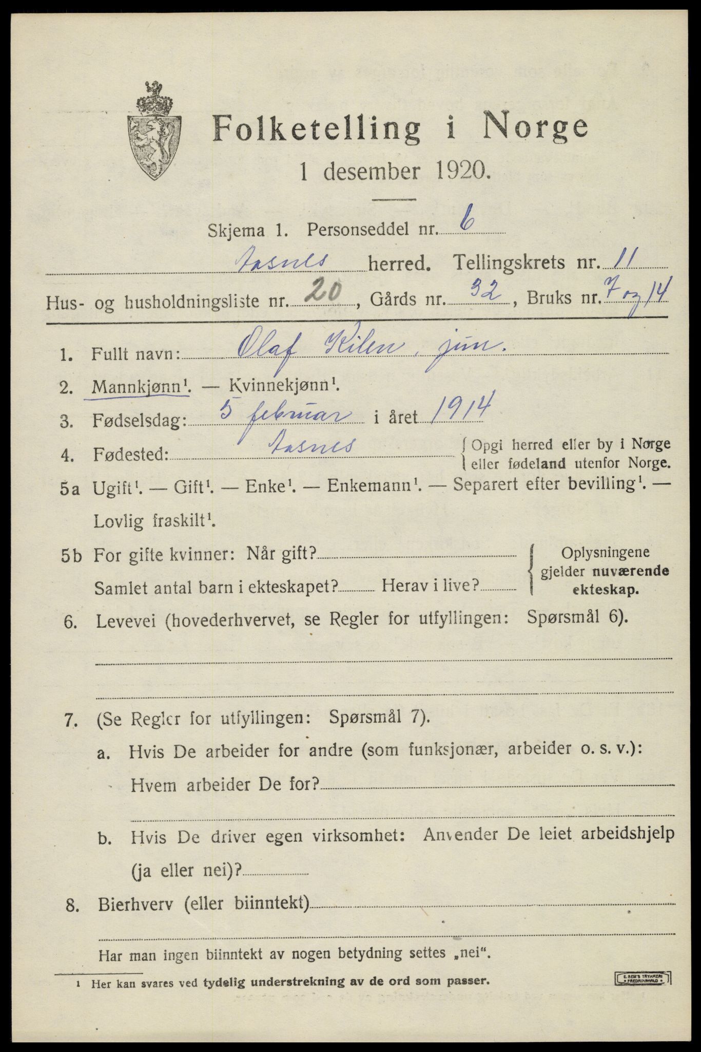 SAH, 1920 census for Åsnes, 1920, p. 11732