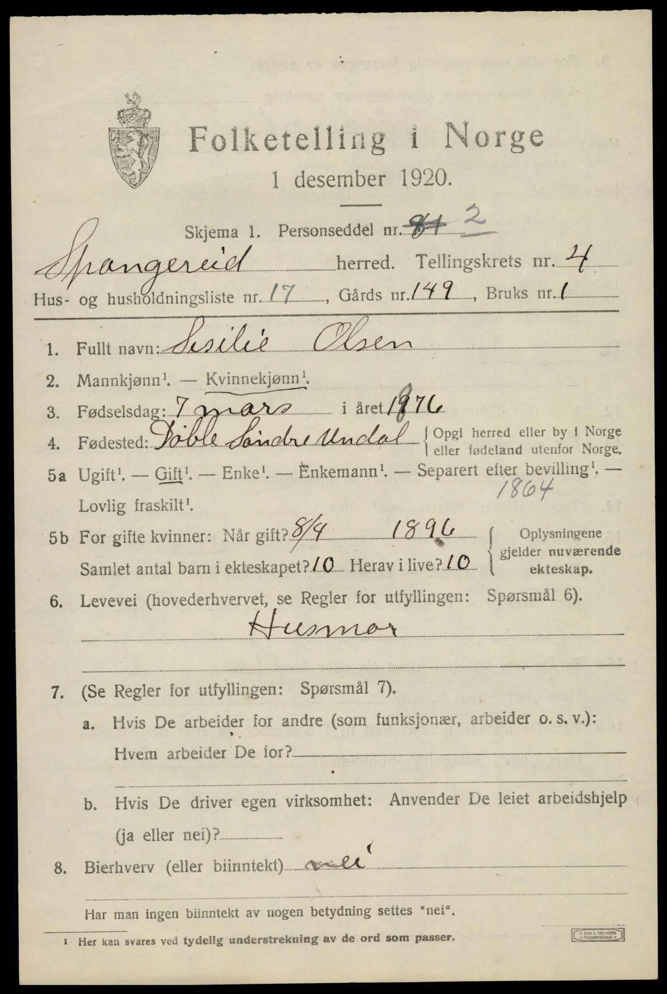 SAK, 1920 census for Spangereid, 1920, p. 1679