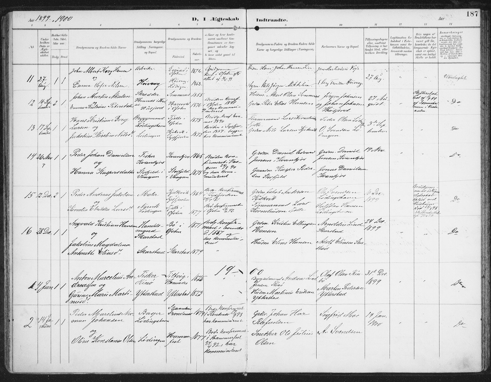 Ministerialprotokoller, klokkerbøker og fødselsregistre - Nordland, AV/SAT-A-1459/872/L1036: Parish register (official) no. 872A11, 1897-1913, p. 187