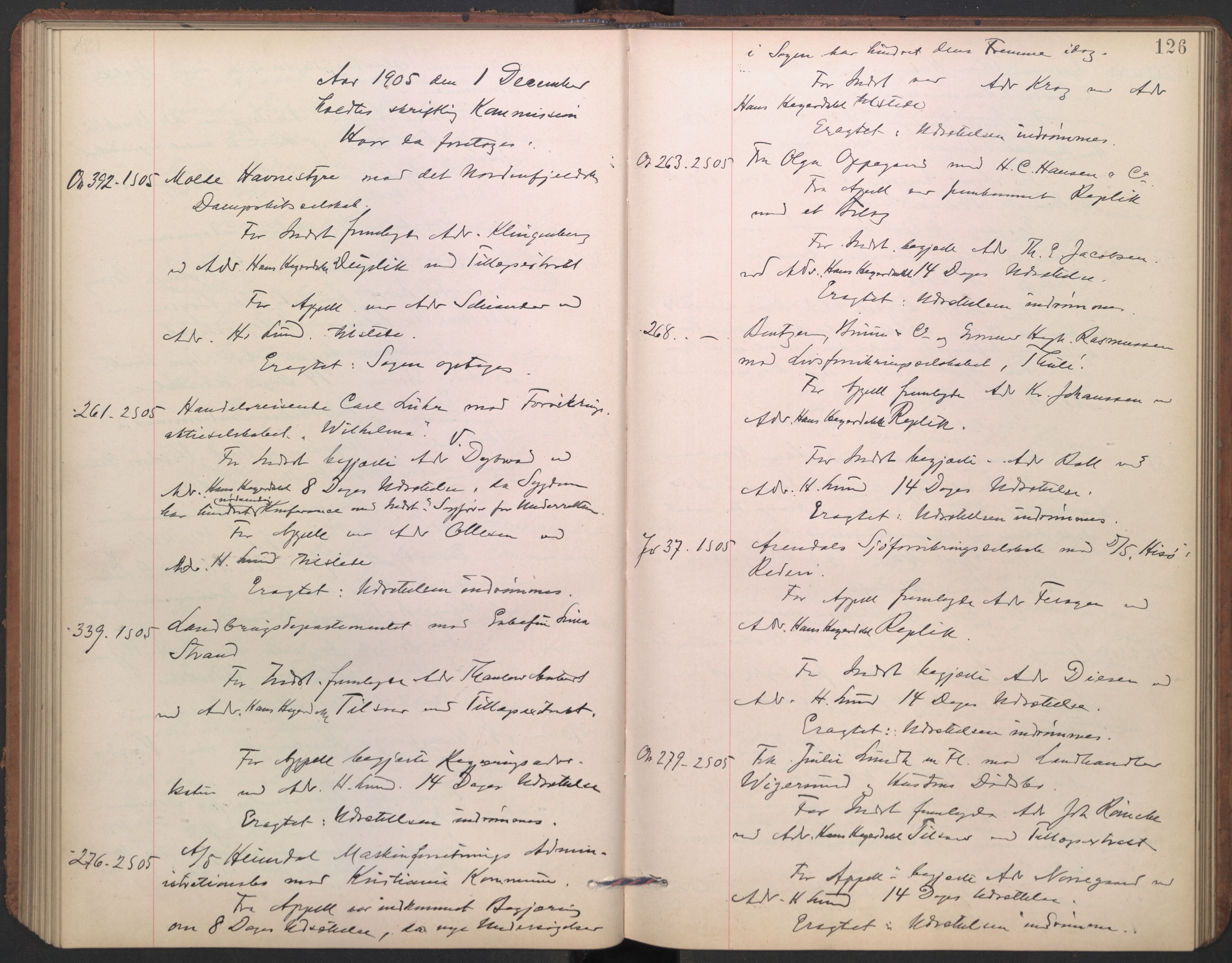 Høyesterett, AV/RA-S-1002/E/Ef/L0021: Protokoll over saker som gikk til skriftlig behandling, 1904-1907, p. 125b-126a