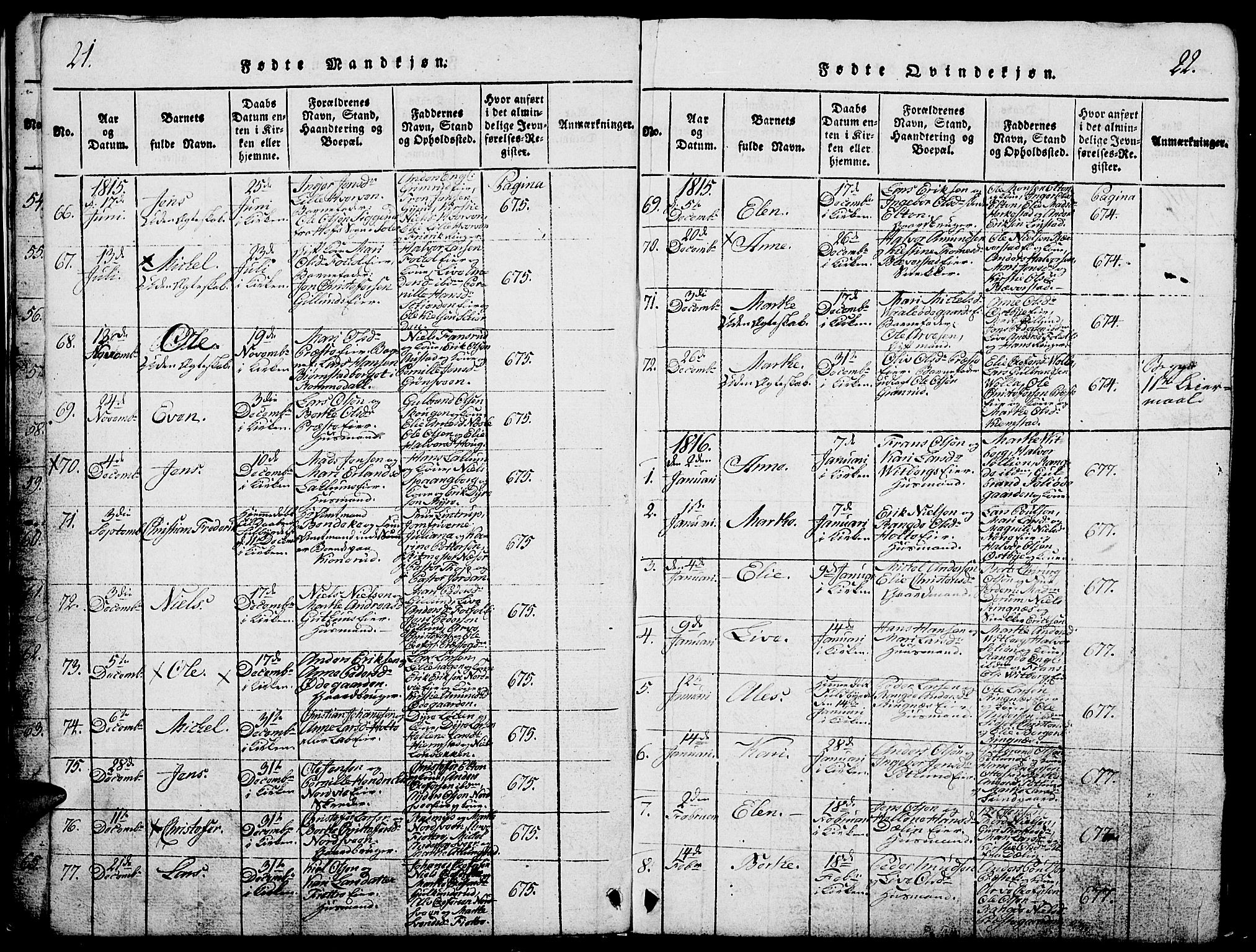 Stange prestekontor, SAH/PREST-002/L/L0001: Parish register (copy) no. 1, 1814-1825, p. 21-22