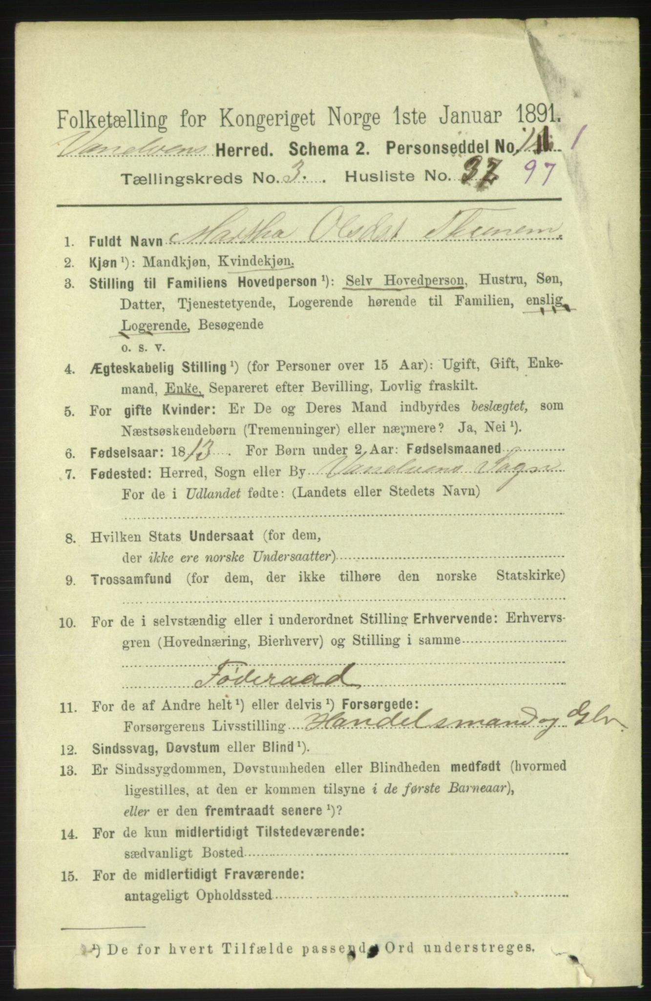 RA, 1891 census for 1511 Vanylven, 1891, p. 1760