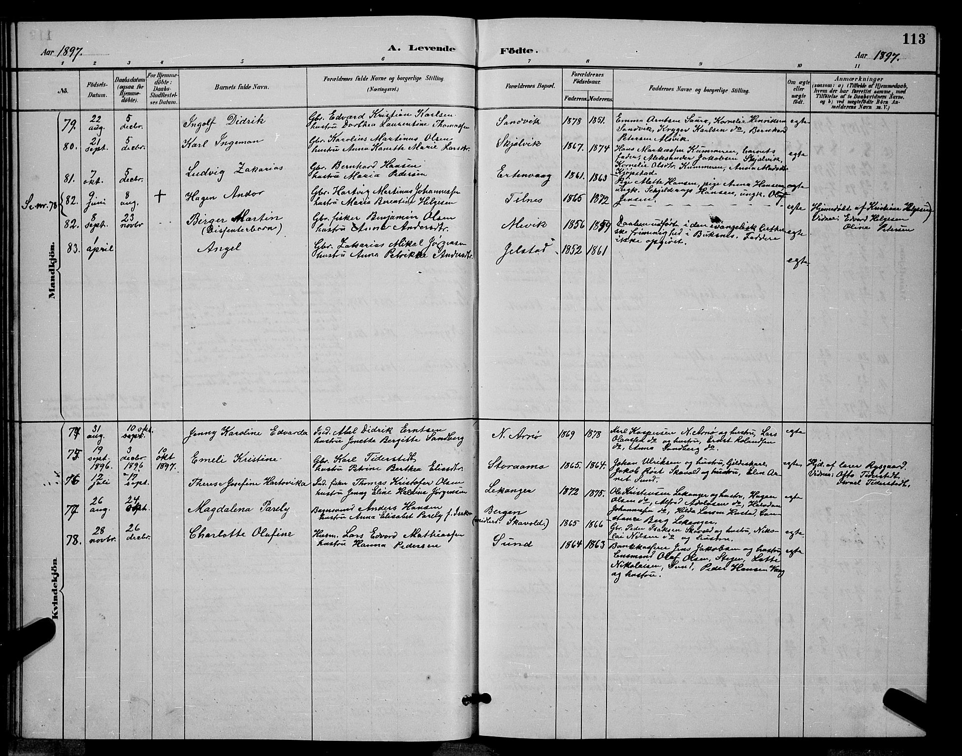 Ministerialprotokoller, klokkerbøker og fødselsregistre - Nordland, AV/SAT-A-1459/805/L0108: Parish register (copy) no. 805C04, 1885-1899, p. 113