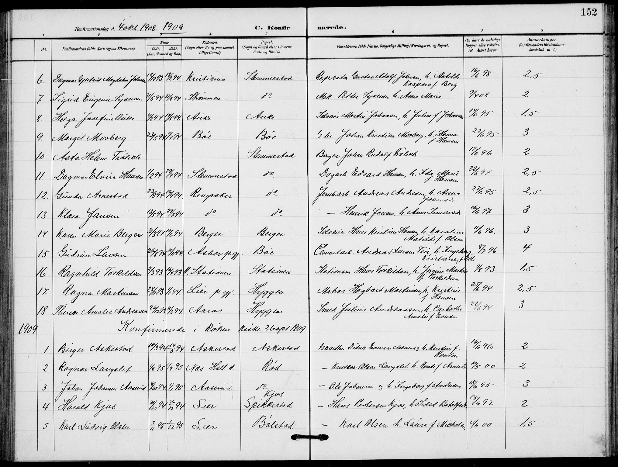 Røyken kirkebøker, AV/SAKO-A-241/G/Ga/L0005: Parish register (copy) no. 5, 1903-1918, p. 152