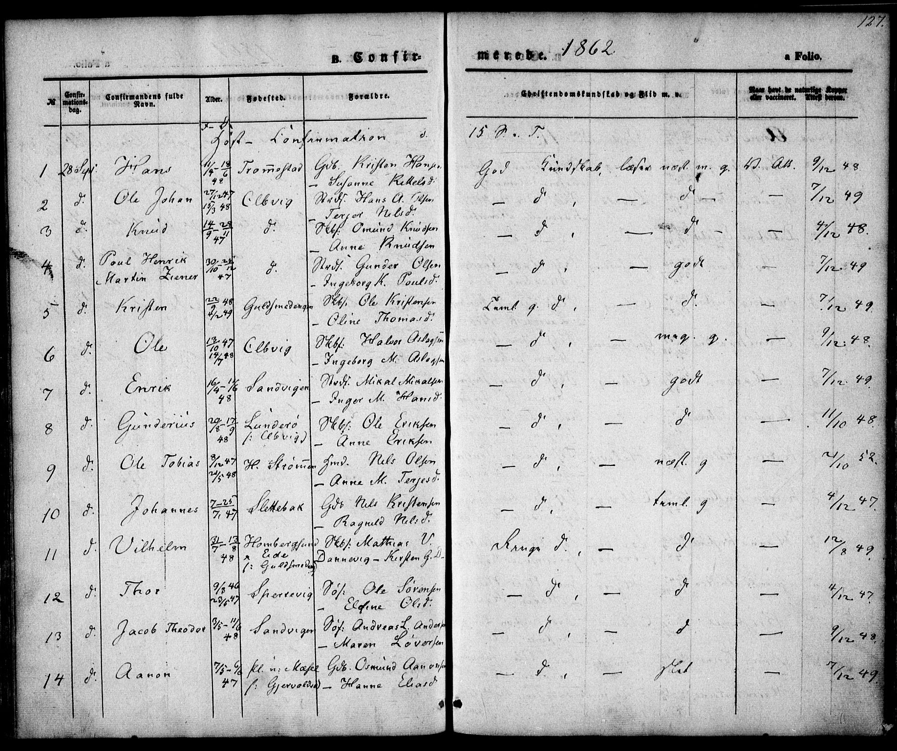 Hisøy sokneprestkontor, SAK/1111-0020/F/Fa/L0001: Parish register (official) no. A 1, 1849-1871, p. 127