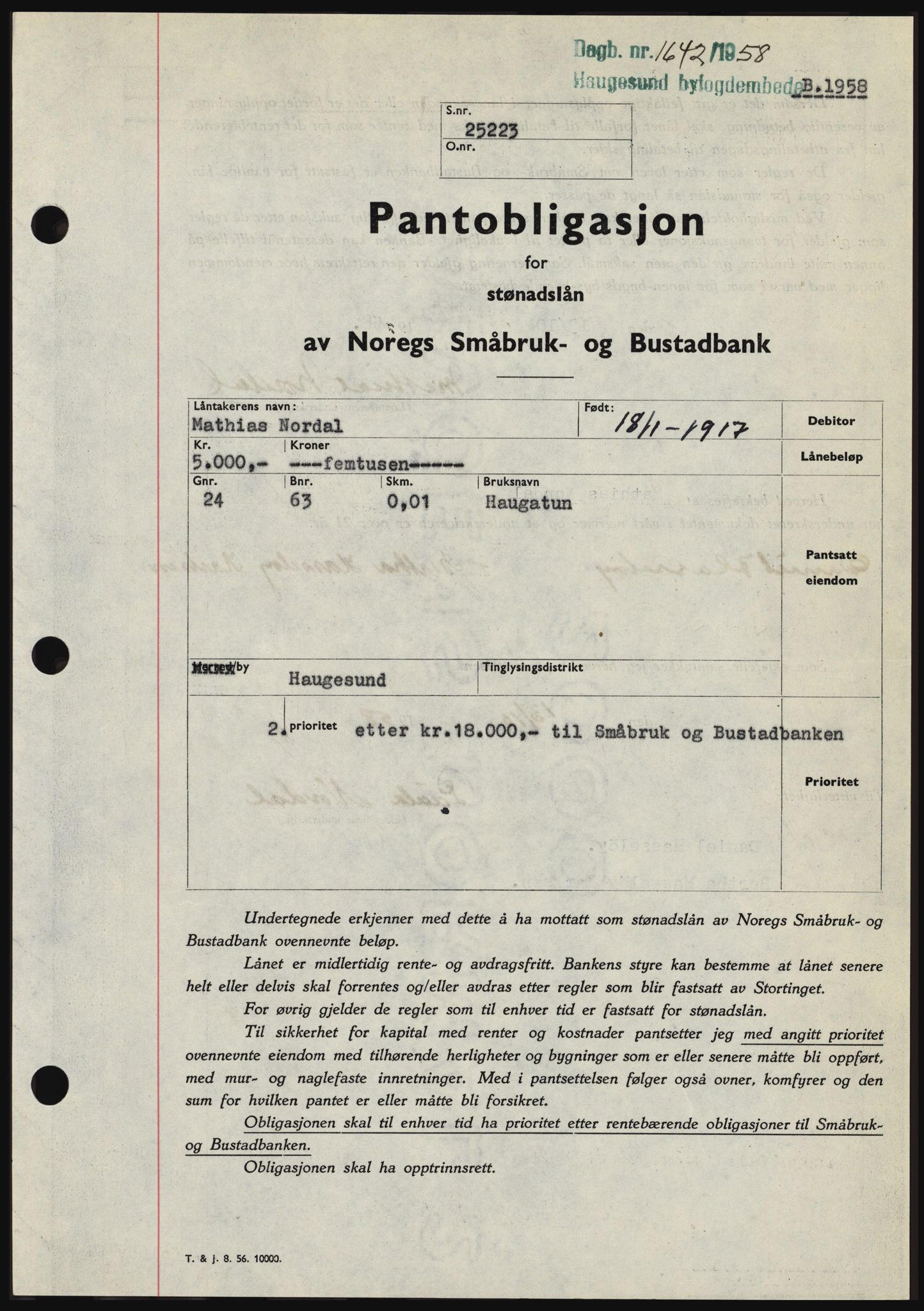 Haugesund tingrett, SAST/A-101415/01/II/IIC/L0044: Mortgage book no. B 44, 1958-1959, Diary no: : 1642/1958
