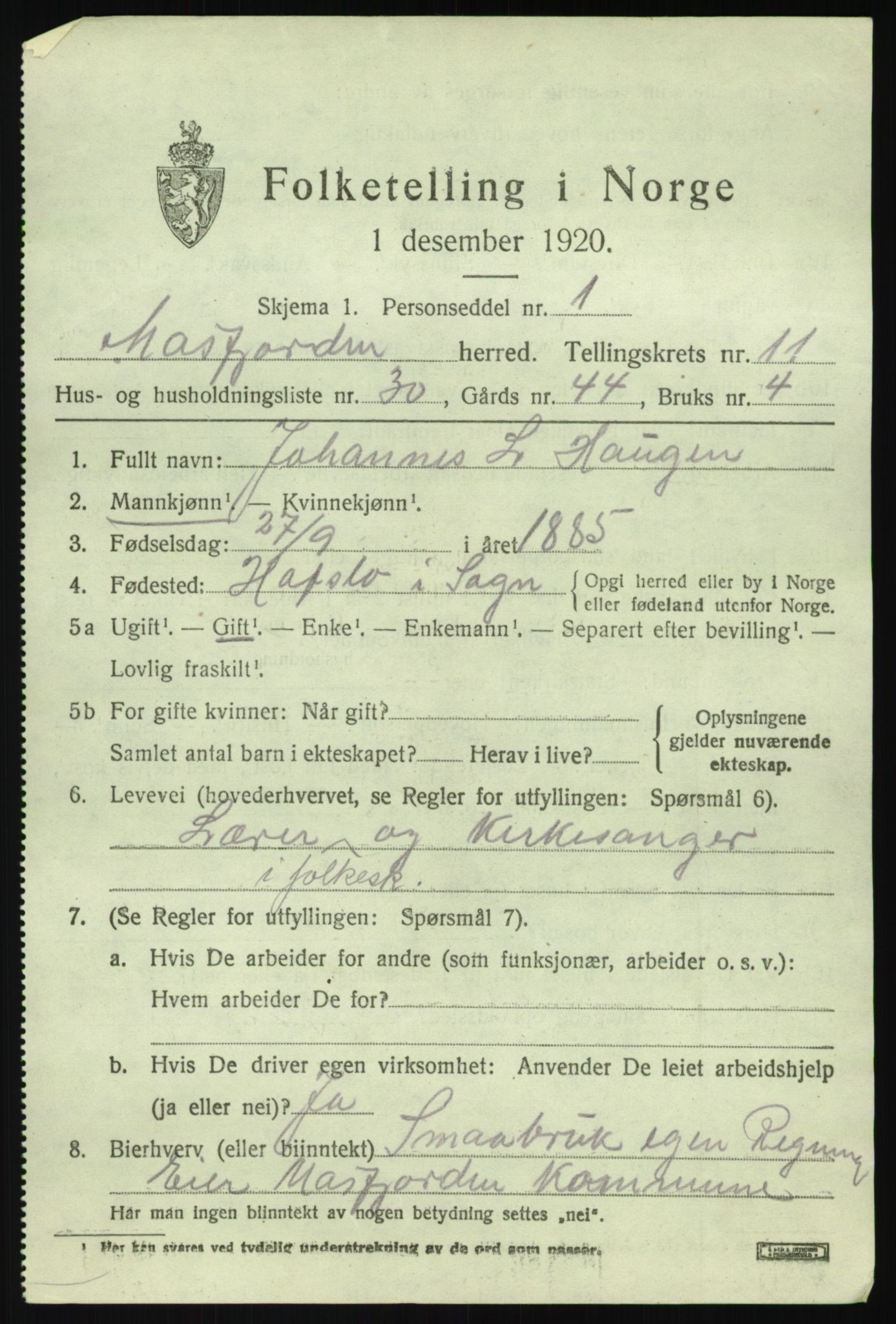 SAB, 1920 census for Masfjorden, 1920, p. 4479