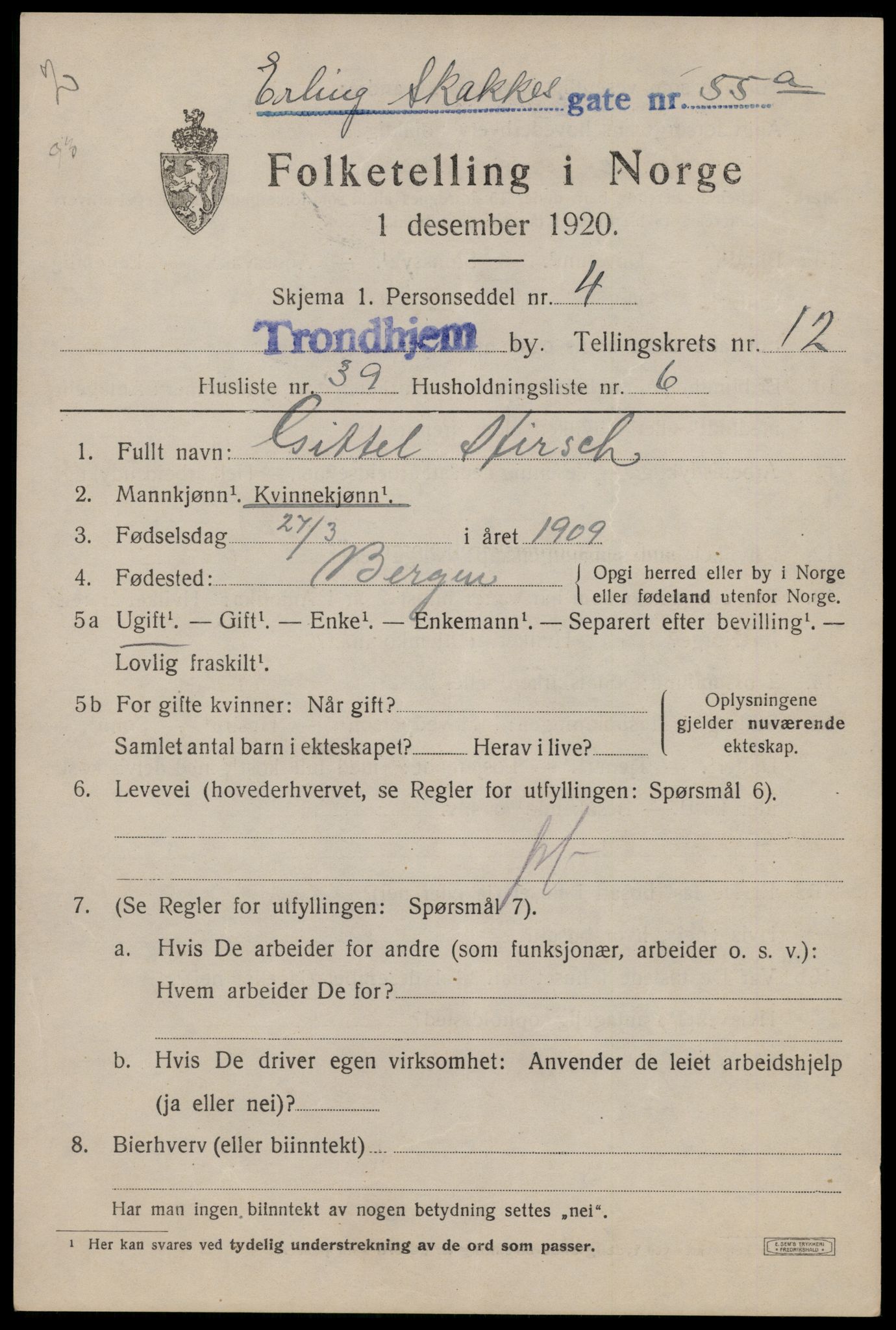 SAT, 1920 census for Trondheim, 1920, p. 49224