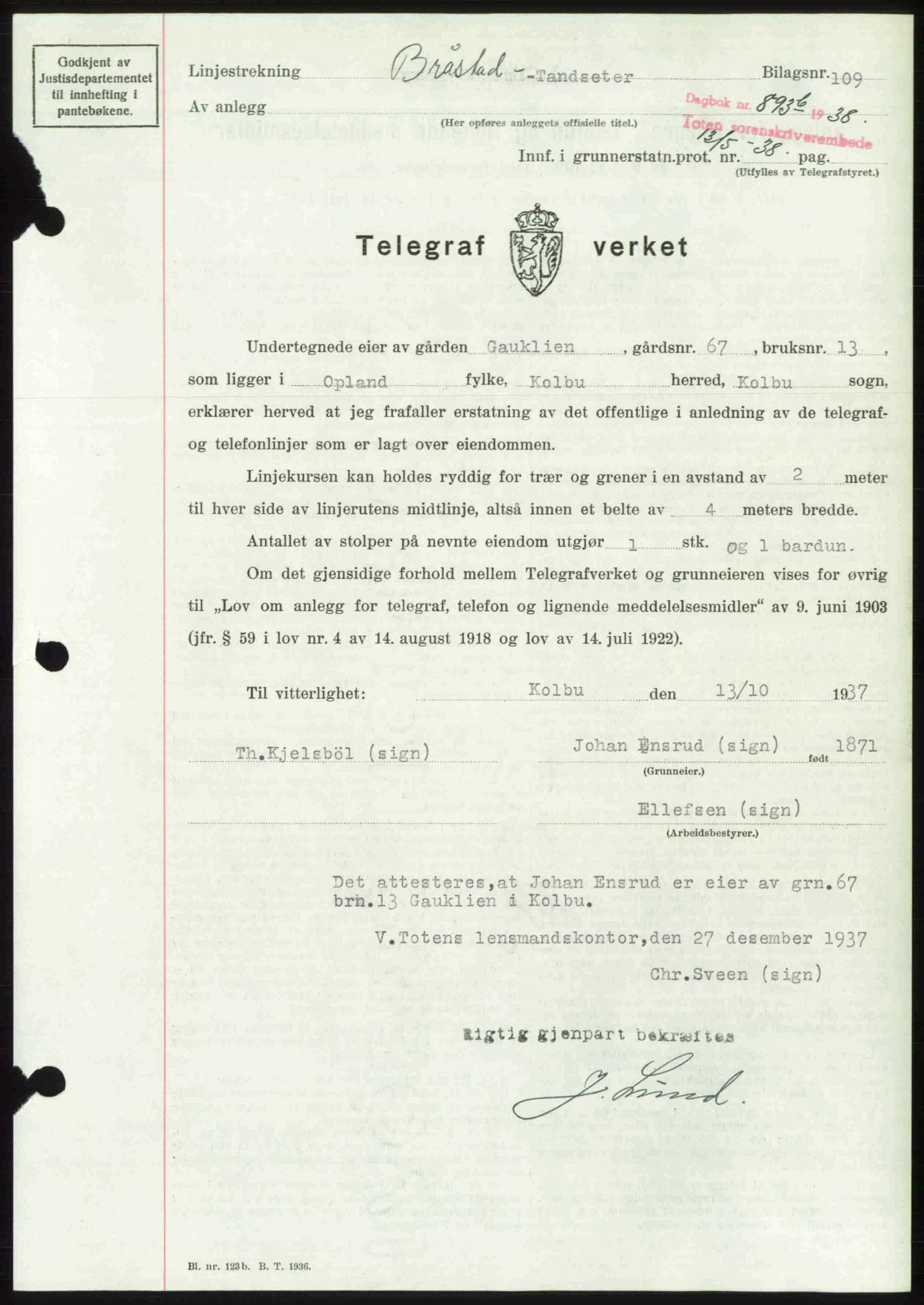 Toten tingrett, SAH/TING-006/H/Hb/Hbc/L0004: Mortgage book no. Hbc-04, 1938-1938, Diary no: : 893/1938