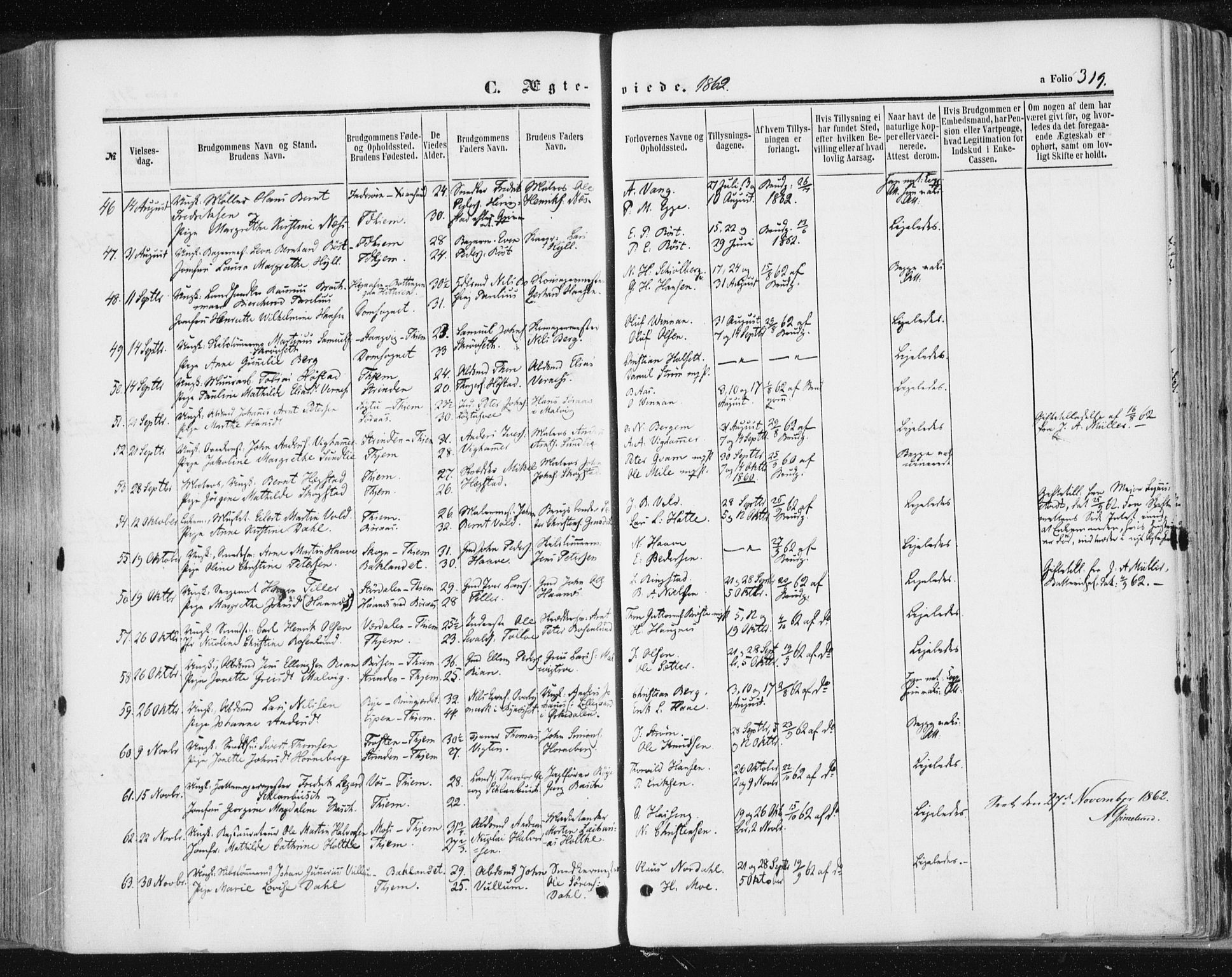 Ministerialprotokoller, klokkerbøker og fødselsregistre - Sør-Trøndelag, SAT/A-1456/602/L0115: Parish register (official) no. 602A13, 1860-1872, p. 319