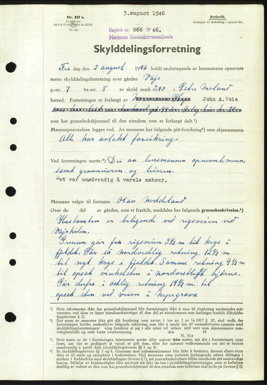 Nedenes sorenskriveri, SAK/1221-0006/G/Gb/Gba/L0055: Mortgage book no. A7, 1946-1946, Diary no: : 866/1946