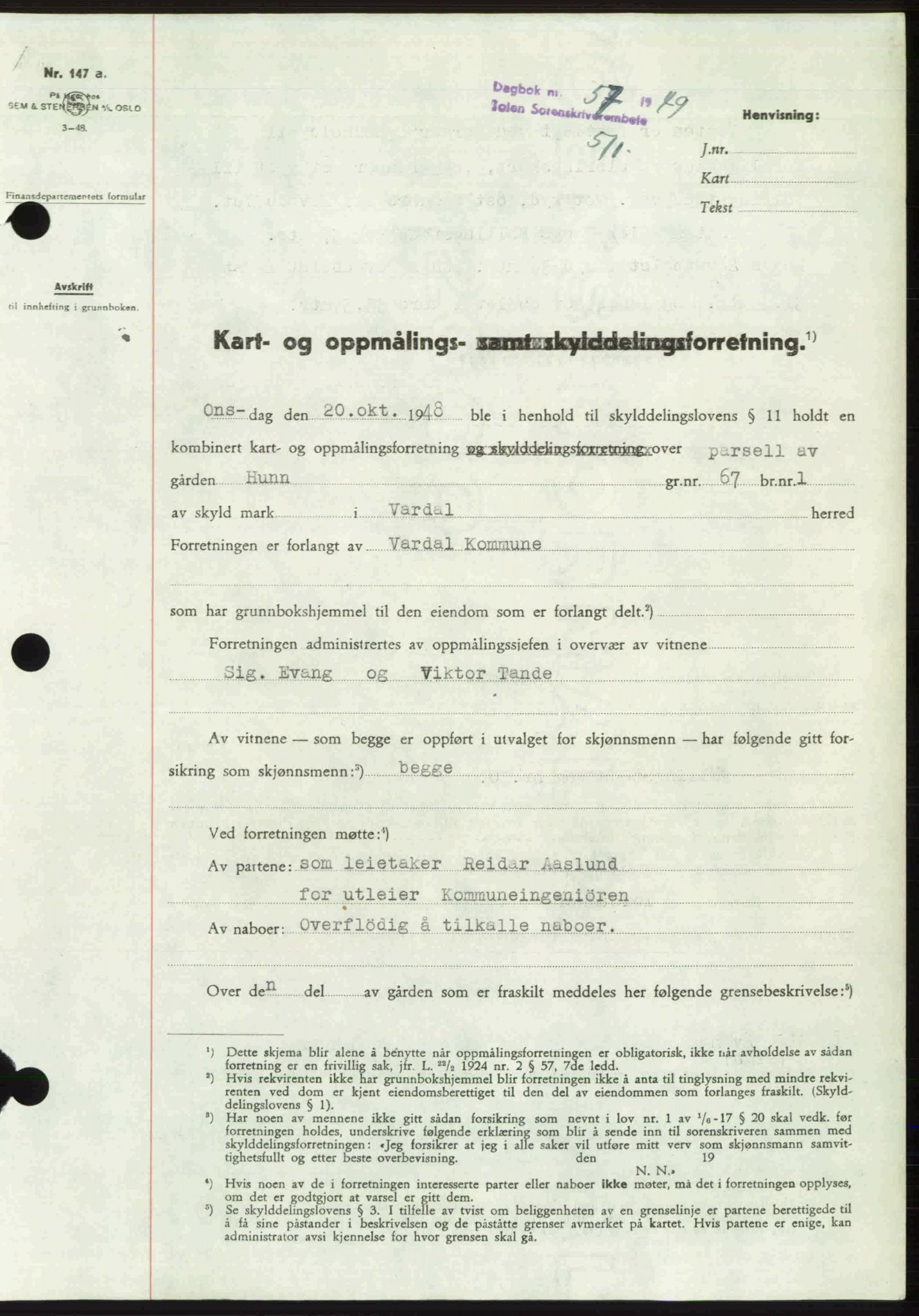 Toten tingrett, AV/SAH-TING-006/H/Hb/Hbc/L0021: Mortgage book no. Hbc-21, 1948-1949, Diary no: : 57/1949