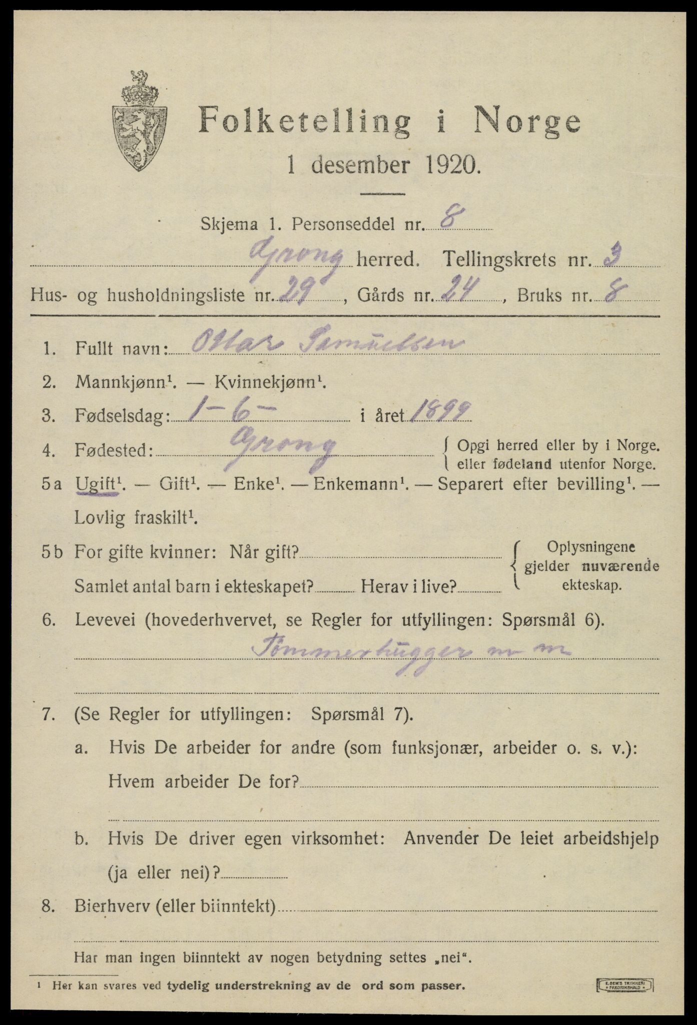 SAT, 1920 census for Grong, 1920, p. 2581