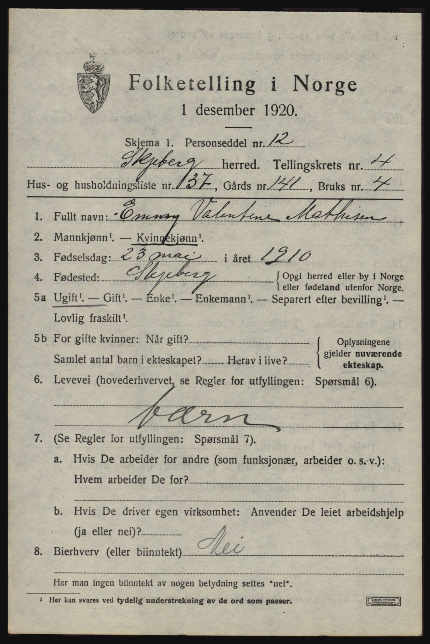 SAO, 1920 census for Skjeberg, 1920, p. 5407