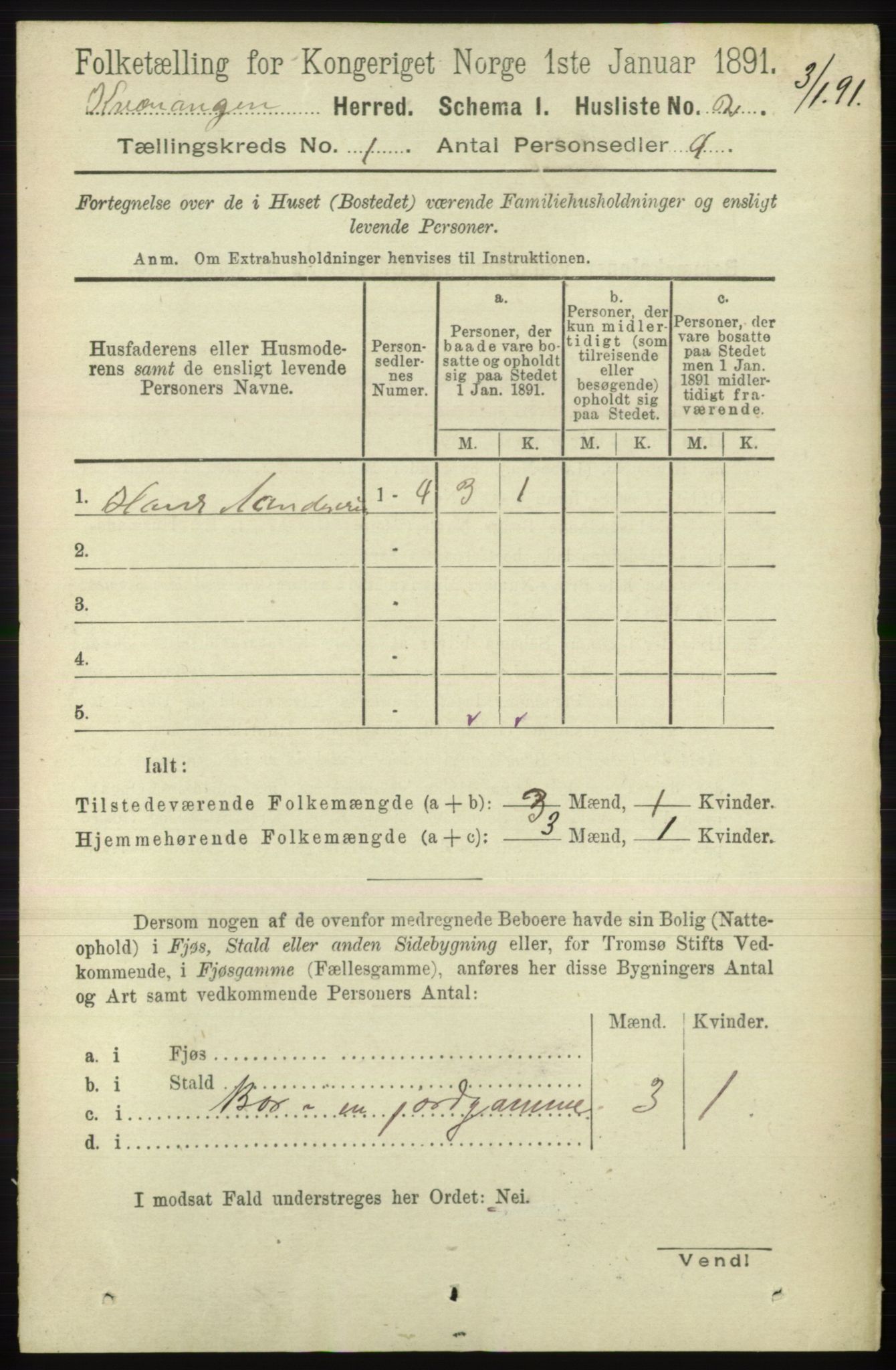 RA, 1891 census for 1943 Kvænangen, 1891, p. 15