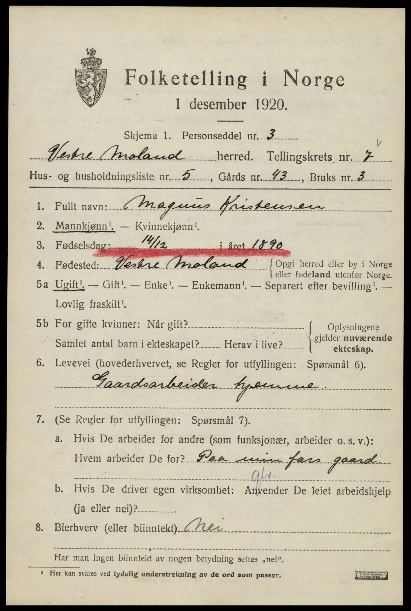 SAK, 1920 census for Vestre Moland, 1920, p. 4839