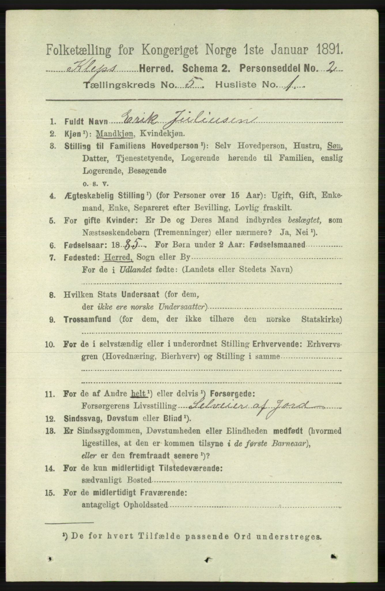 RA, 1891 census for 1120 Klepp, 1891, p. 1341