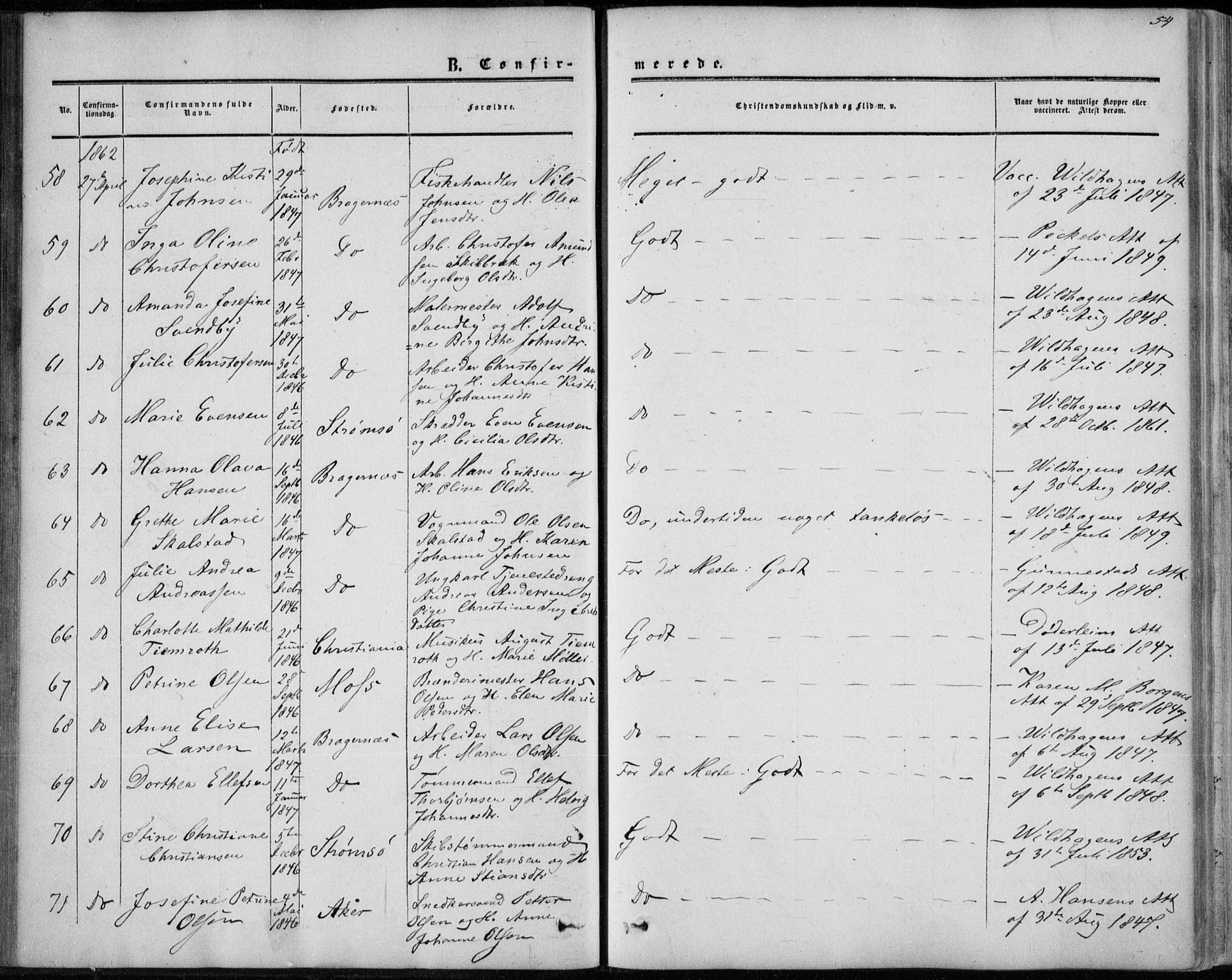 Bragernes kirkebøker, AV/SAKO-A-6/F/Fc/L0002: Parish register (official) no. III 2, 1854-1865, p. 54