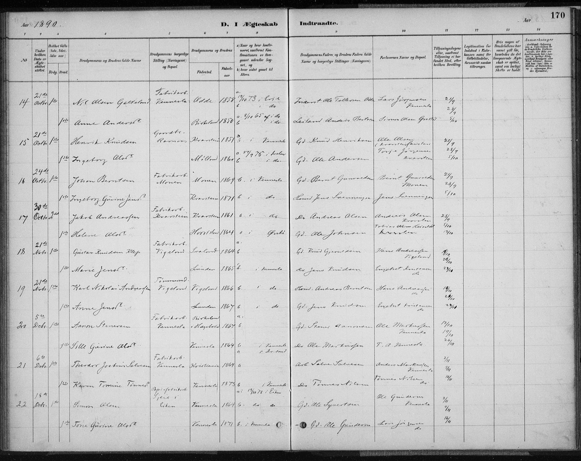 Vennesla sokneprestkontor, AV/SAK-1111-0045/Fa/Fab/L0004: Parish register (official) no. A 4, 1884-1896, p. 170