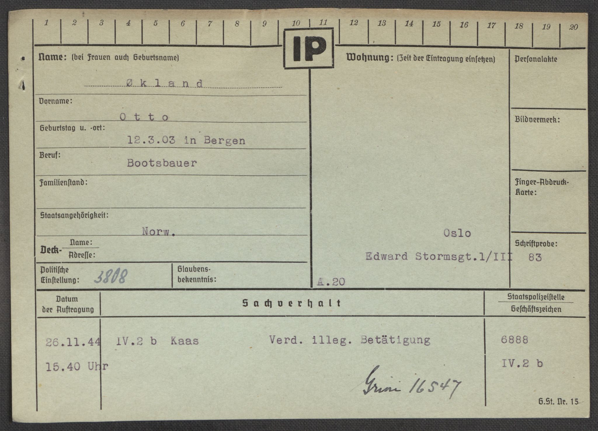 Befehlshaber der Sicherheitspolizei und des SD, AV/RA-RAFA-5969/E/Ea/Eaa/L0010: Register over norske fanger i Møllergata 19: Sø-Å, 1940-1945, p. 1254