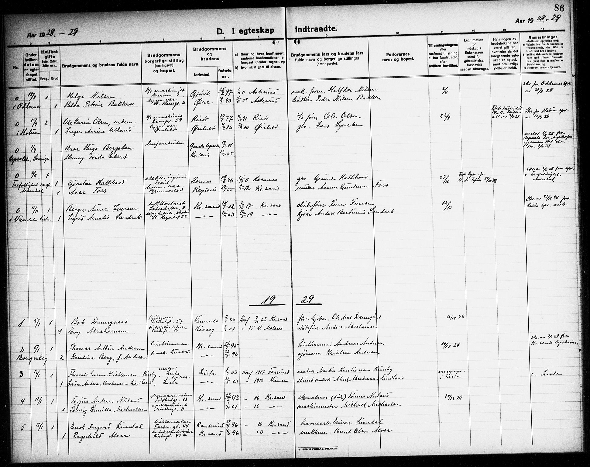 Kristiansand domprosti, SAK/1112-0006/F/Fb/L0023: Parish register (copy) no. B 23, 1921-1937, p. 86