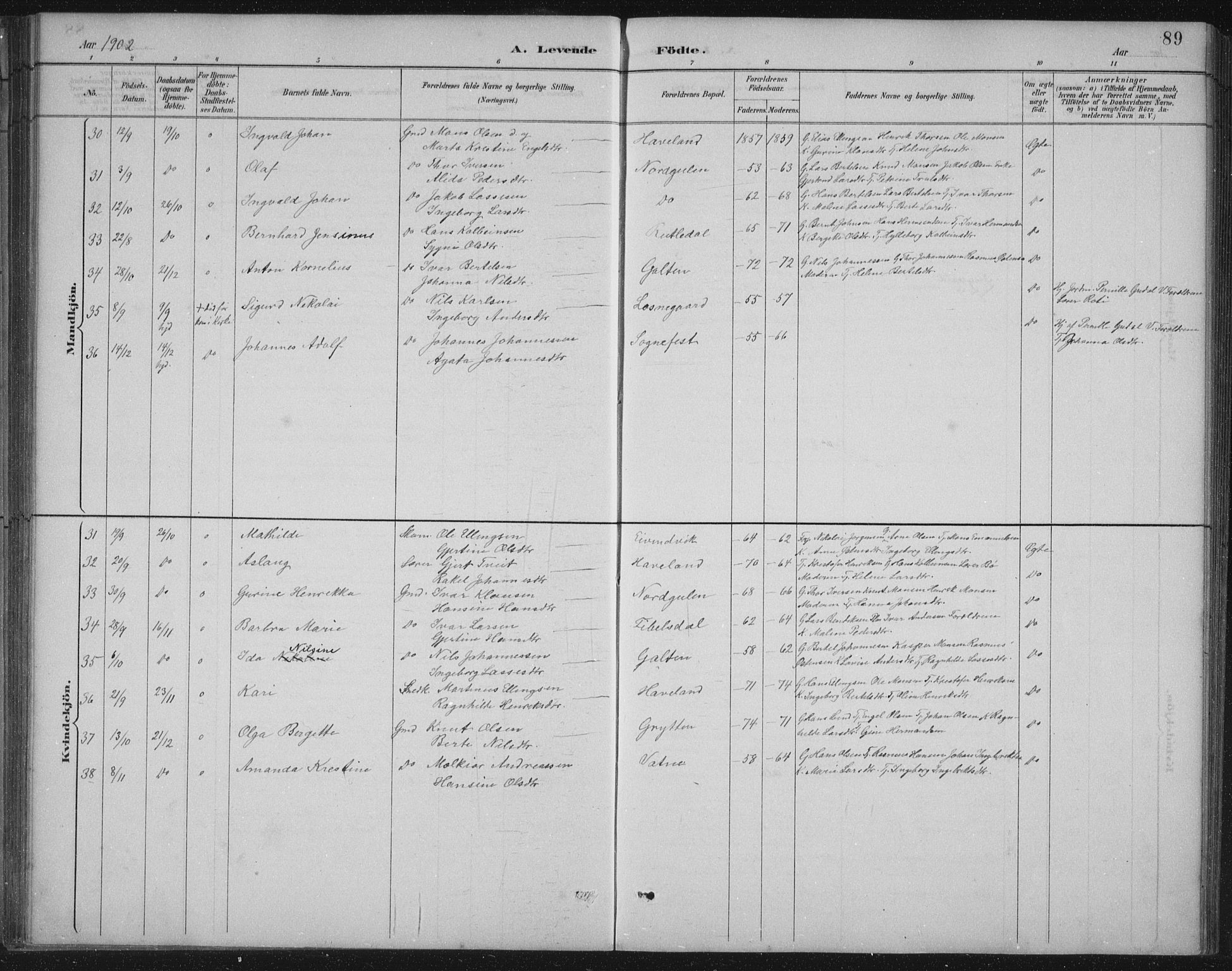 Gulen sokneprestembete, AV/SAB-A-80201/H/Hab/Habb/L0003: Parish register (copy) no. B 3, 1884-1907, p. 89