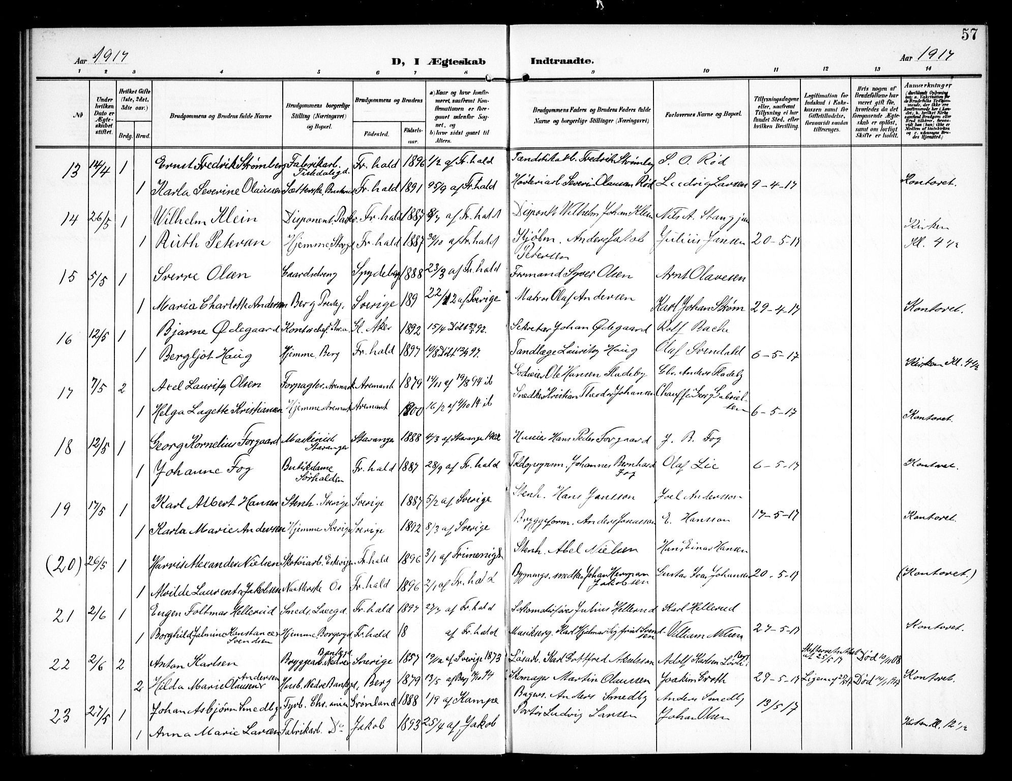 Halden prestekontor Kirkebøker, AV/SAO-A-10909/G/Ga/L0011: Parish register (copy) no. 11, 1906-1934, p. 57