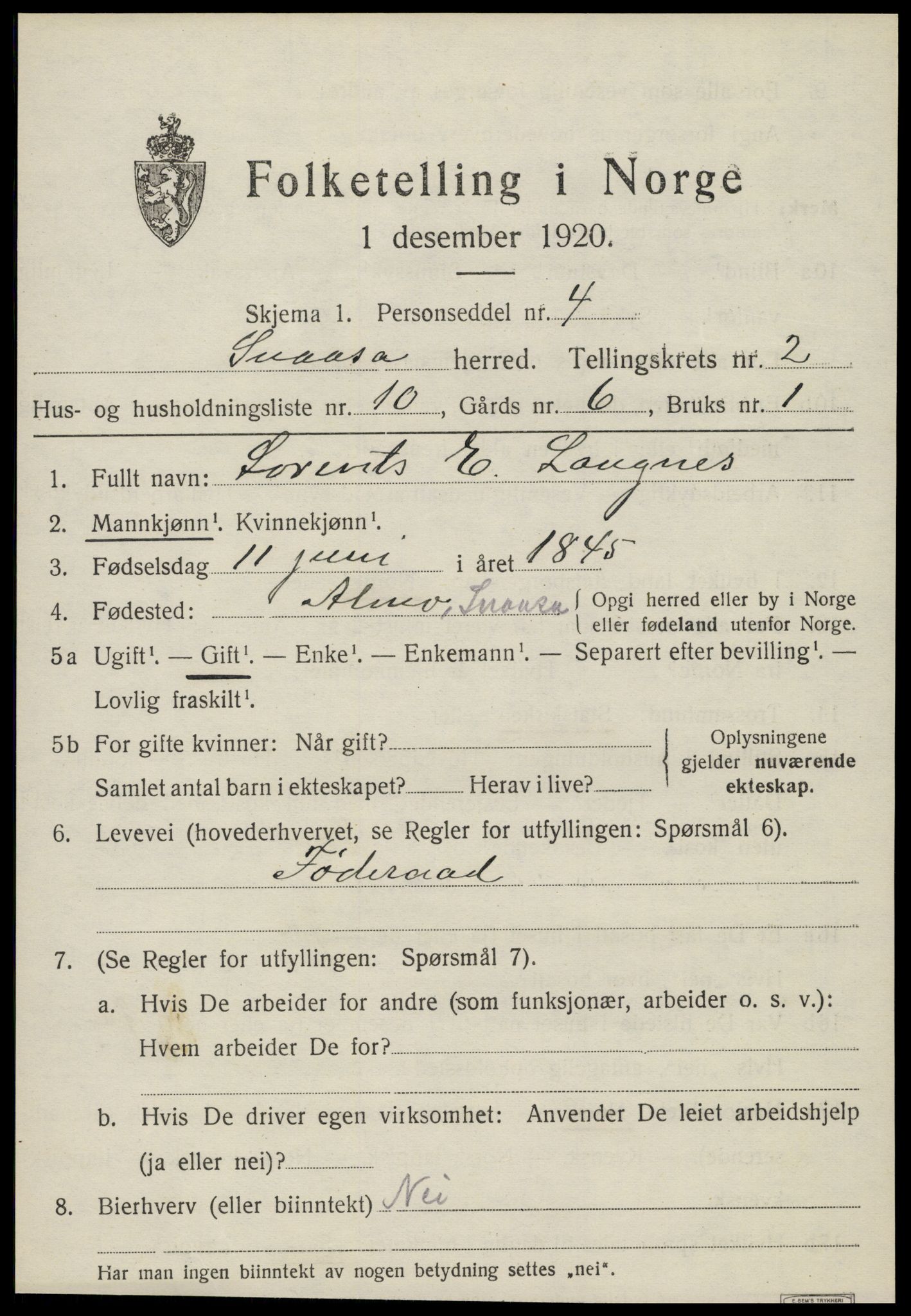 SAT, 1920 census for Snåsa, 1920, p. 1296