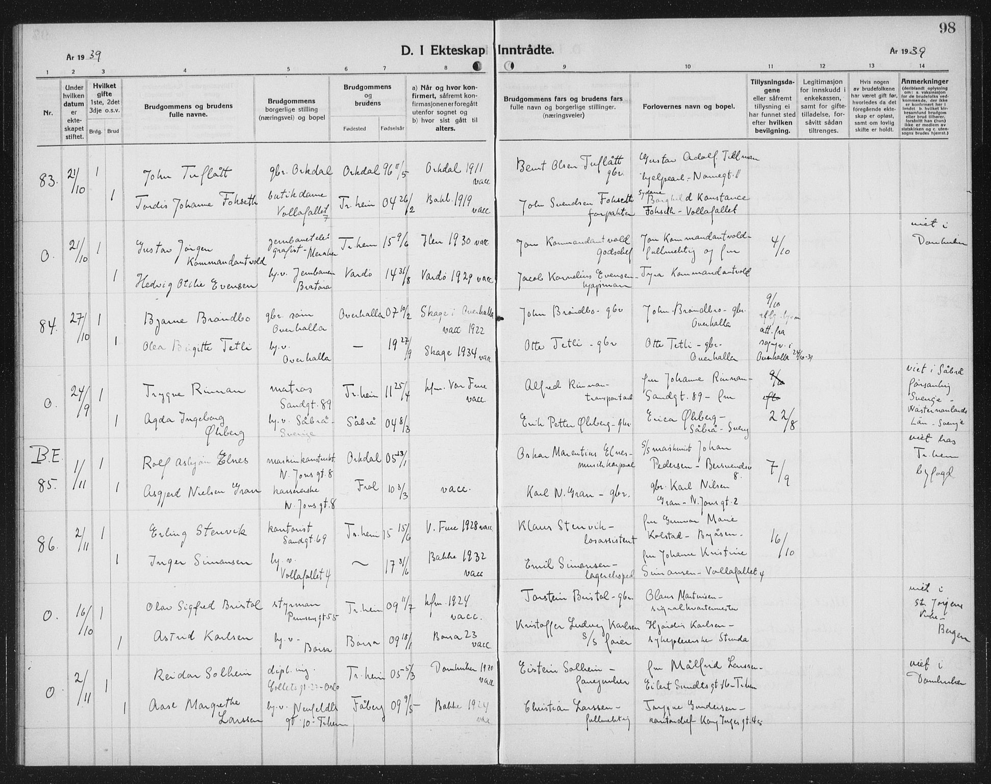 Ministerialprotokoller, klokkerbøker og fødselsregistre - Sør-Trøndelag, AV/SAT-A-1456/602/L0152: Parish register (copy) no. 602C20, 1933-1940, p. 98