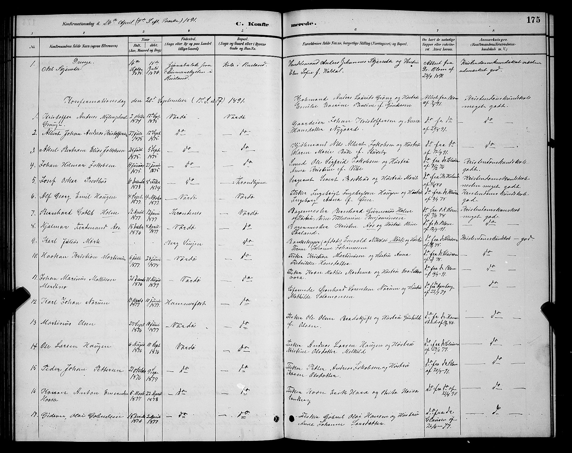 Vardø sokneprestkontor, SATØ/S-1332/H/Hb/L0005klokker: Parish register (copy) no. 5, 1887-1892, p. 175